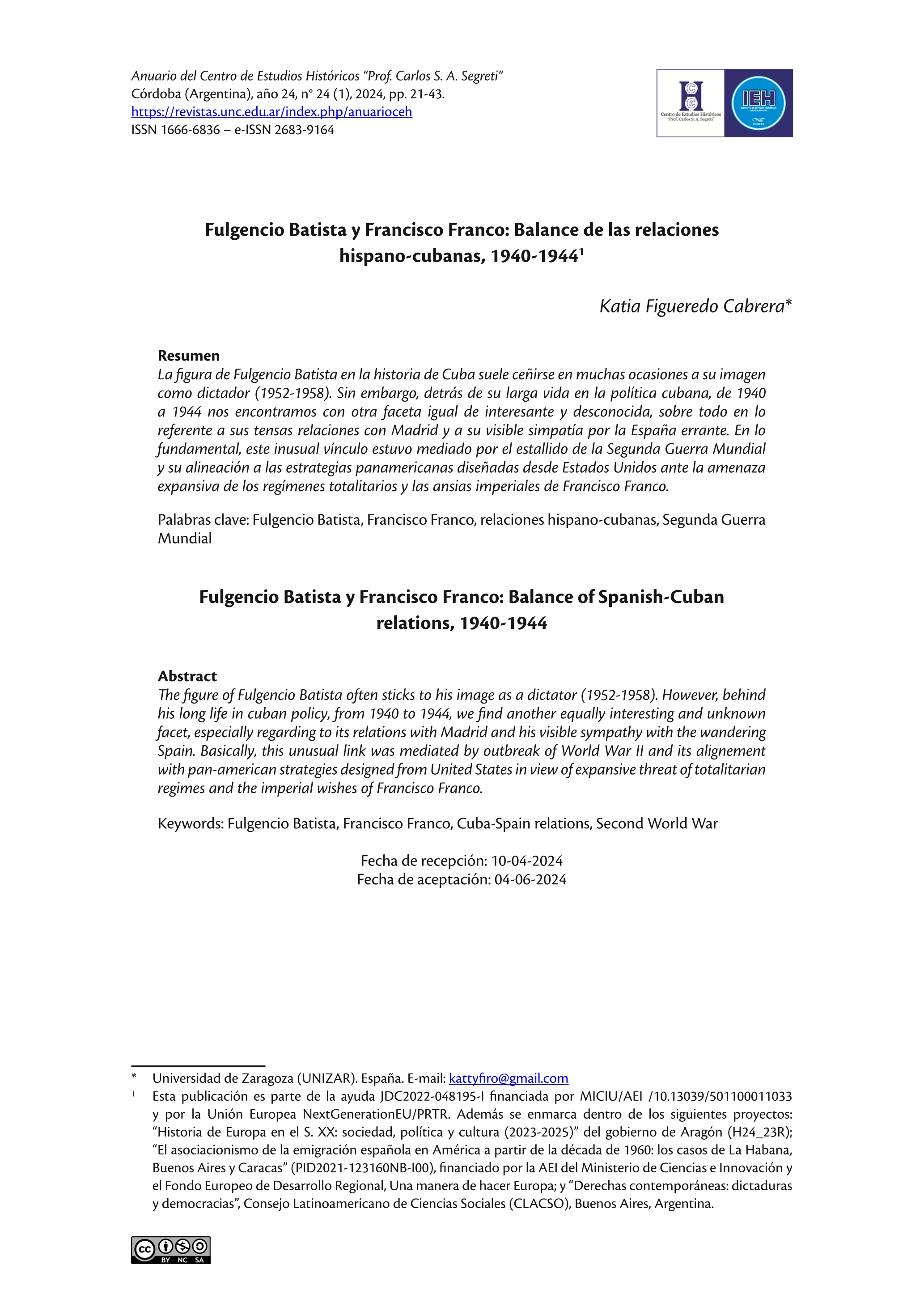 Fulgencio Batista y Francisco Franco: Balance de las relaciones hispano-cubanas, 1940-1944