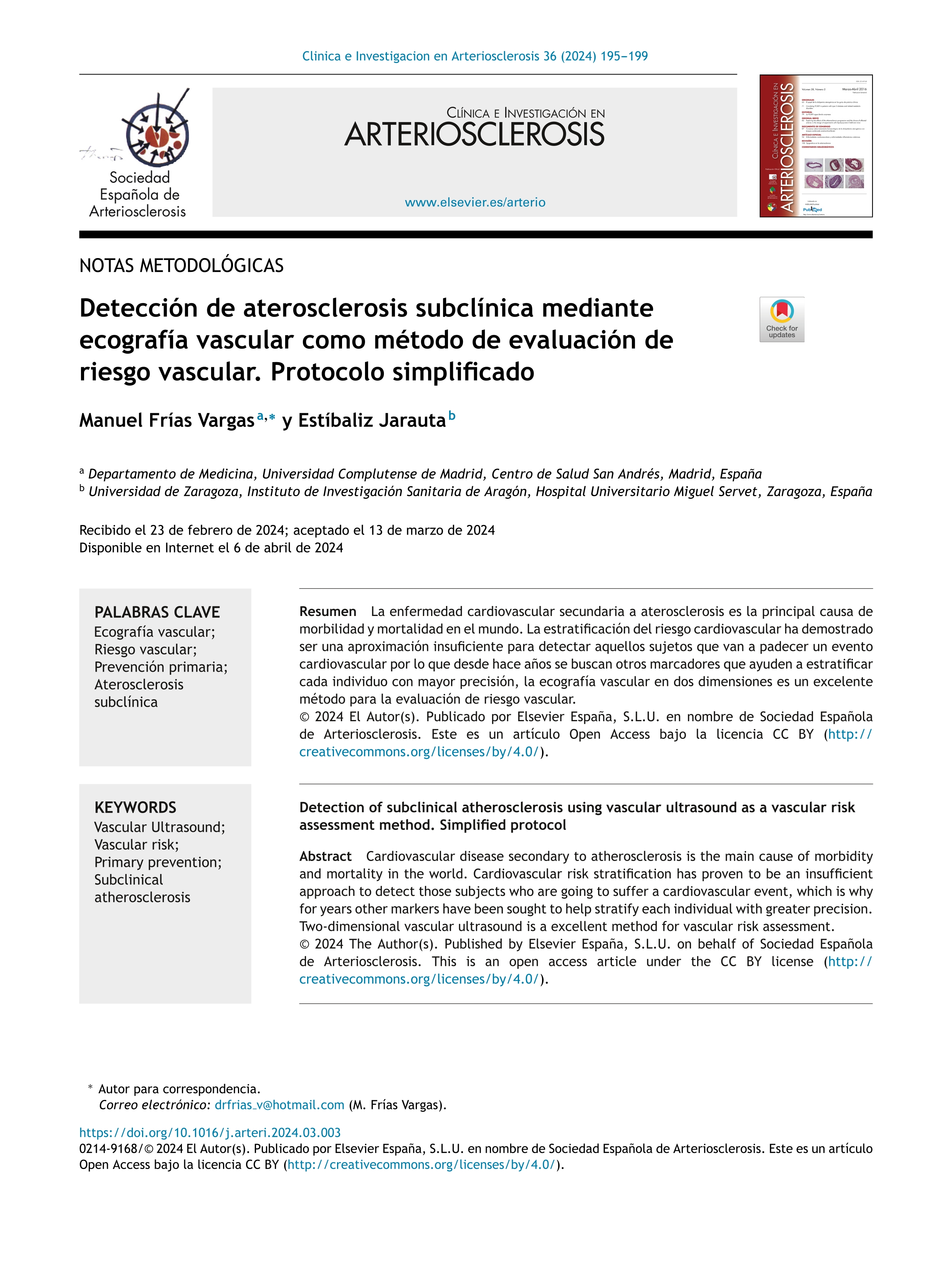 Detection of subclinical atherosclerosis using vascular ultrasound as a vascular risk assessment method. Simplified protocol