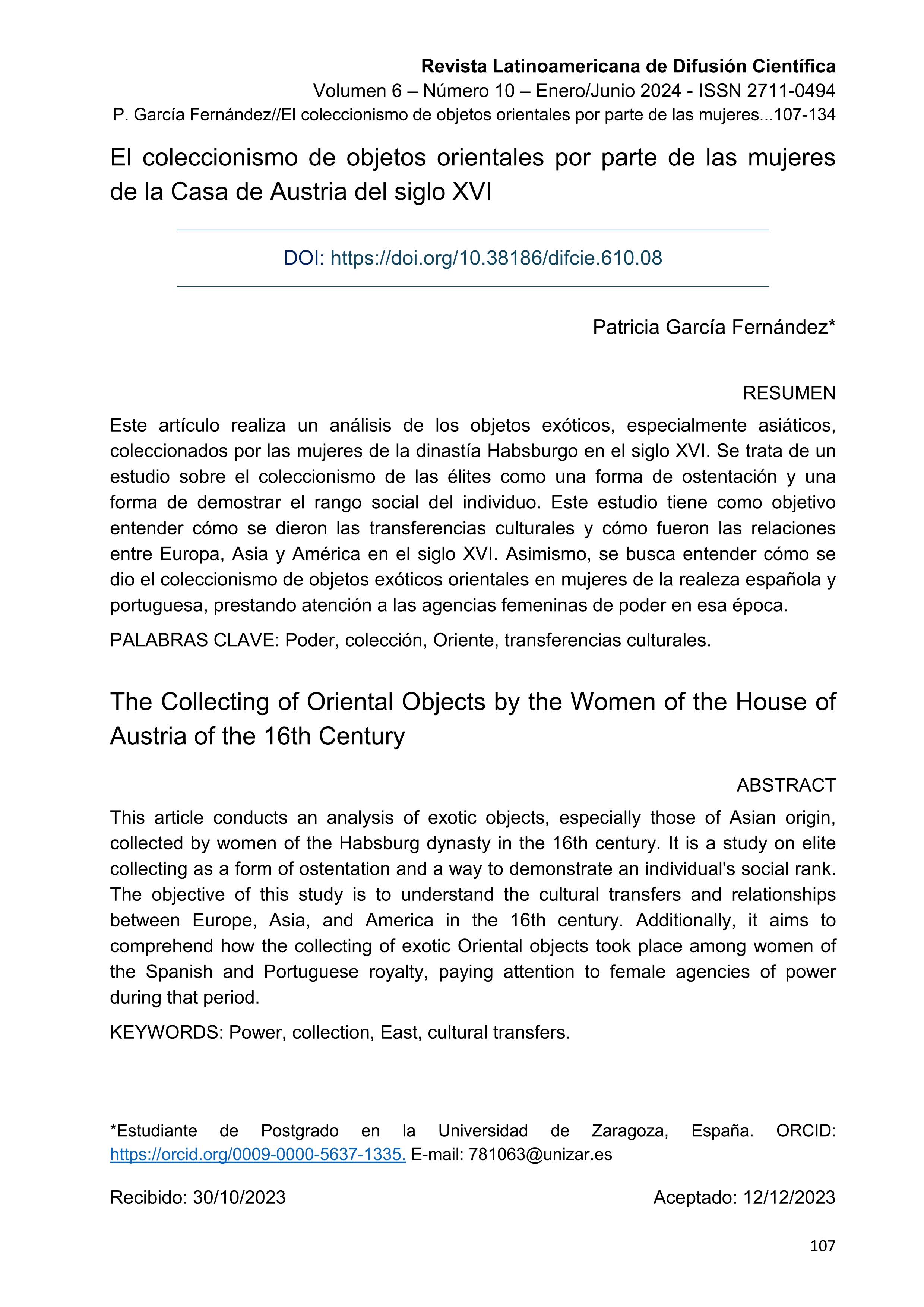 El coleccionismo de objetos orientales por parte de las mujeres de la Casa de Austria del siglo XVI