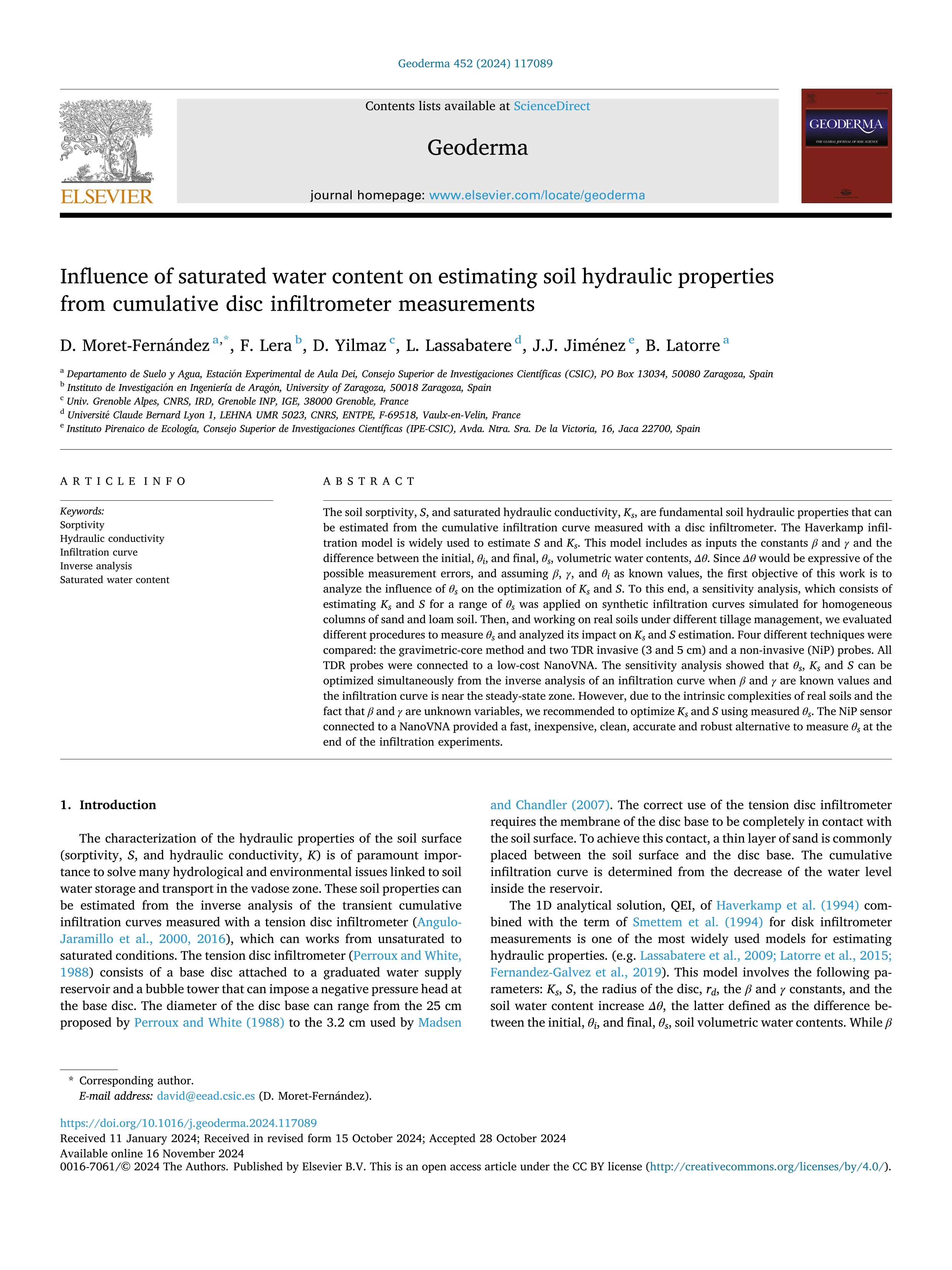 Influence of saturated water content on estimating soil hydraulic properties from cumulative disc infiltrometer measurements