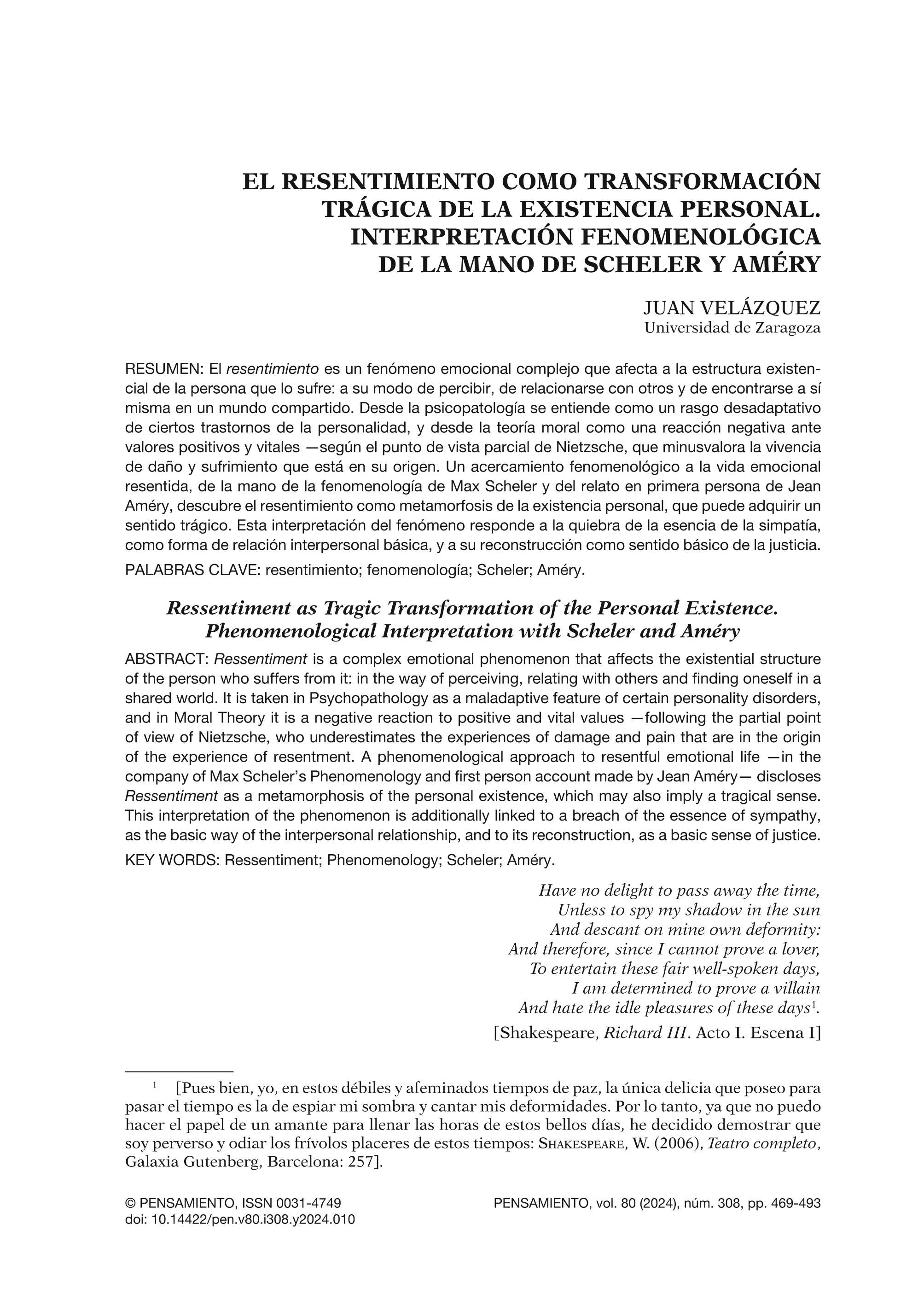 El resentimiento como transformación trágica de la existencia personal. Interpretación fenomenológica de la mano de Scheler y Améry