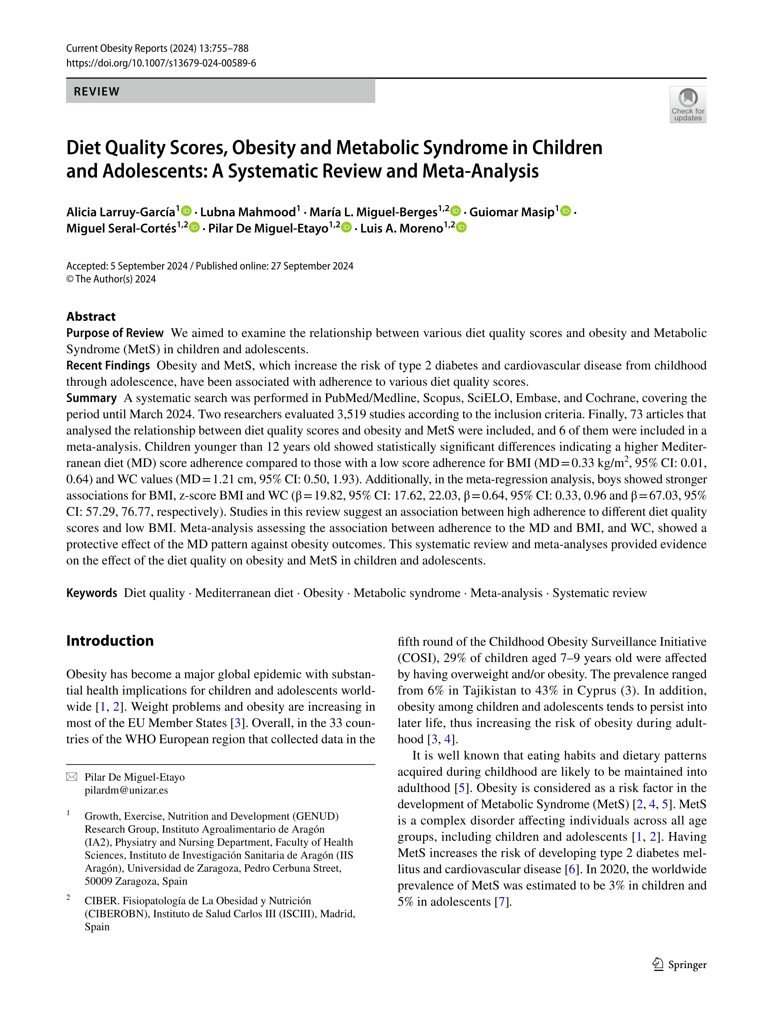 Diet Quality Scores, Obesity and Metabolic Syndrome in Children and Adolescents: A Systematic Review and Meta-Analysis