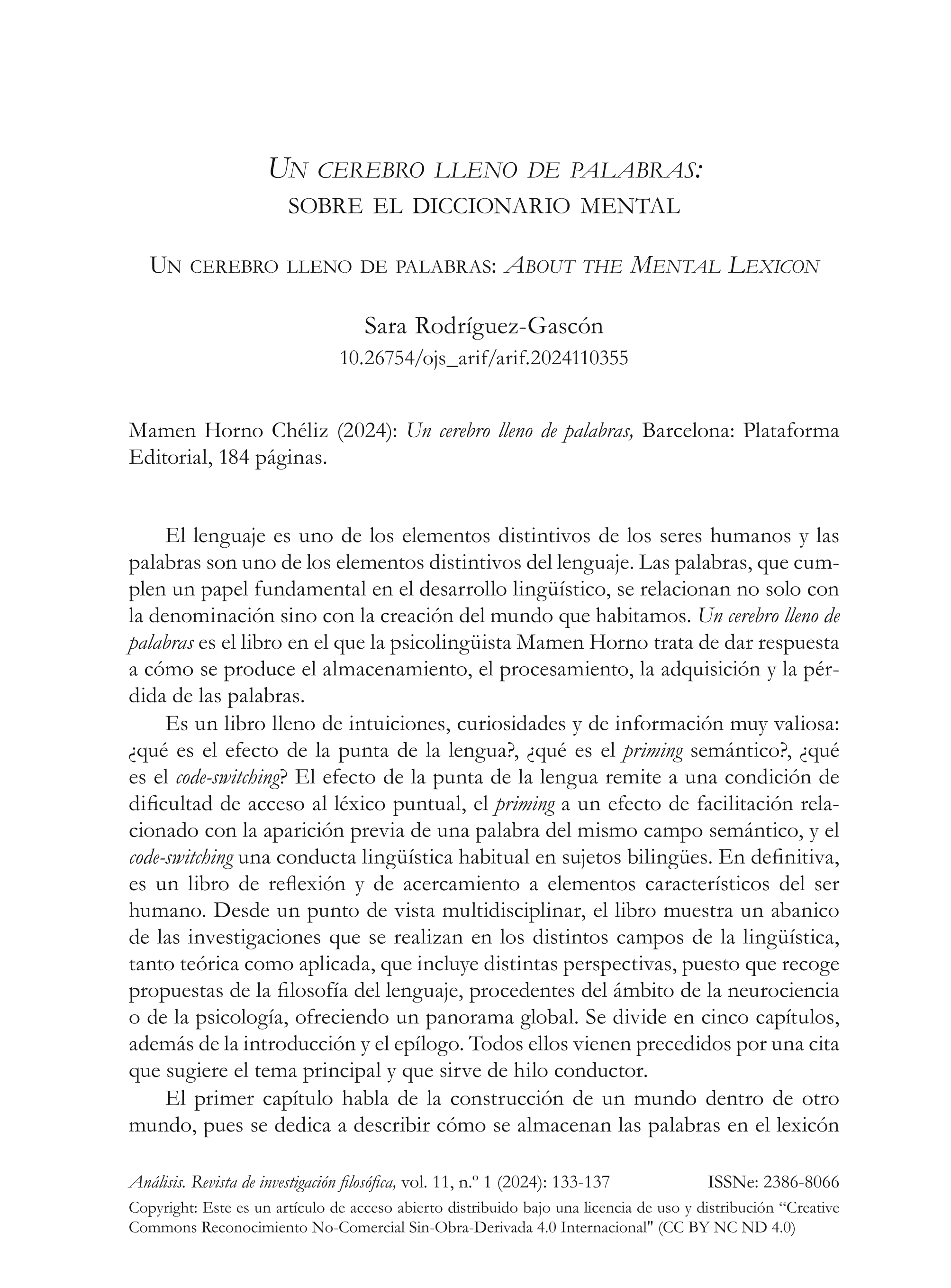 Un cerebro lleno de palabras. Sobre el diccionario mental