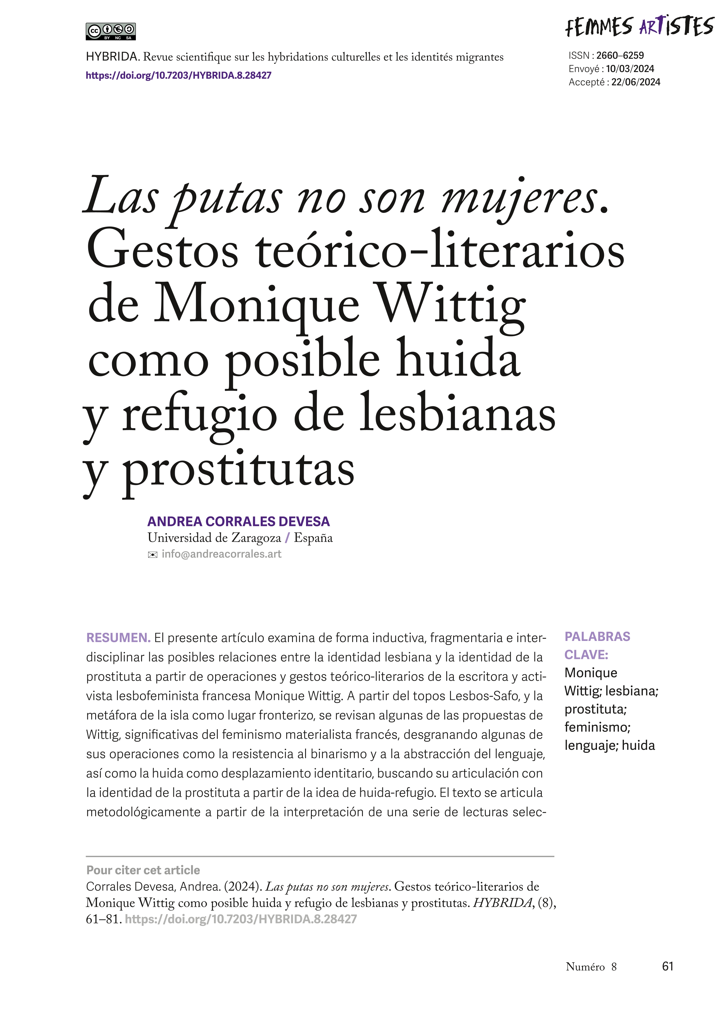 'Las putas no son mujeres'. Gestos teórico-literarios de Monique Wittig como posible huida y refugio de lesbianas y prostitutas