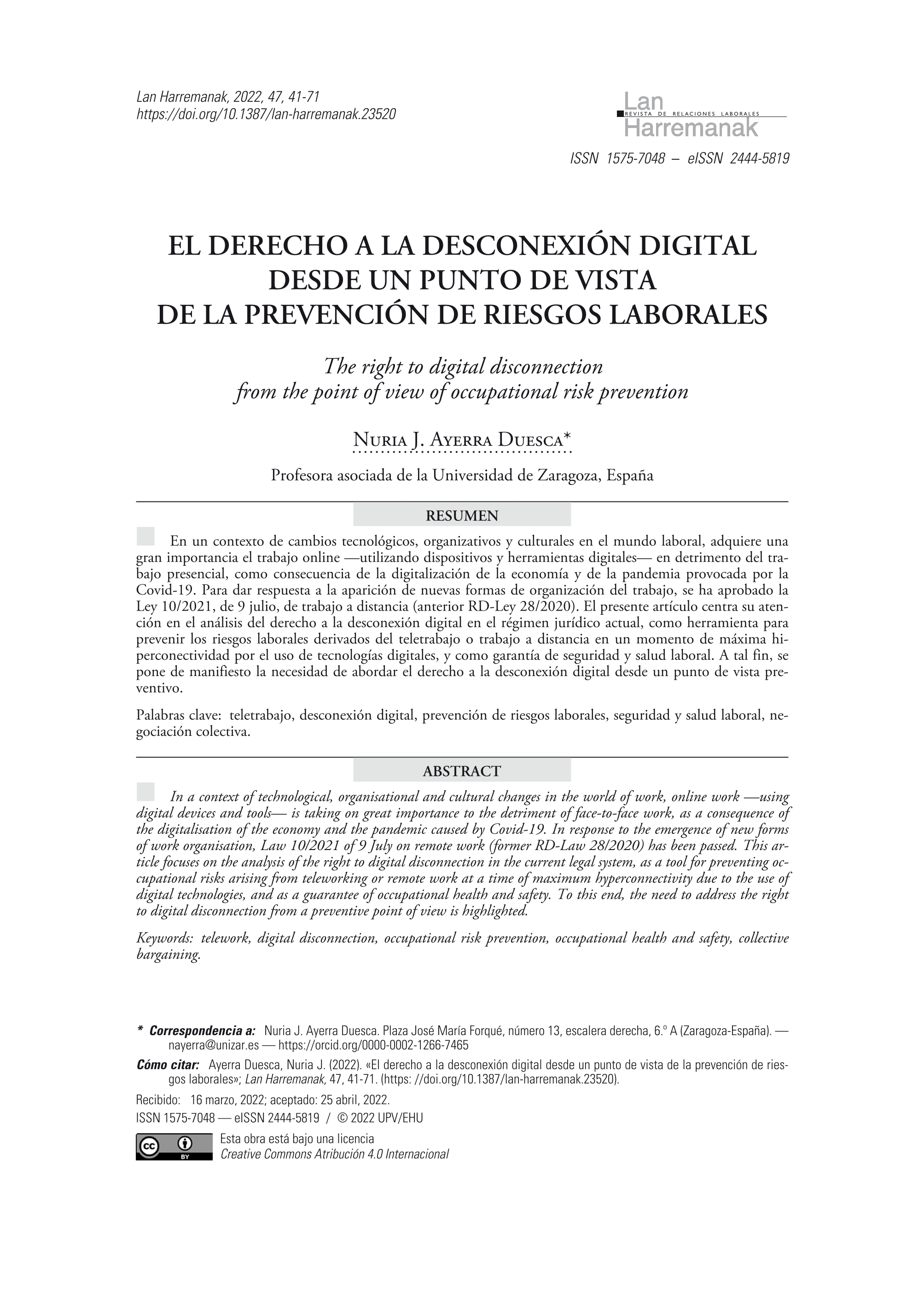 El derecho a la desconexión digital desde un punto de vista de la prevención de riesgos laborales