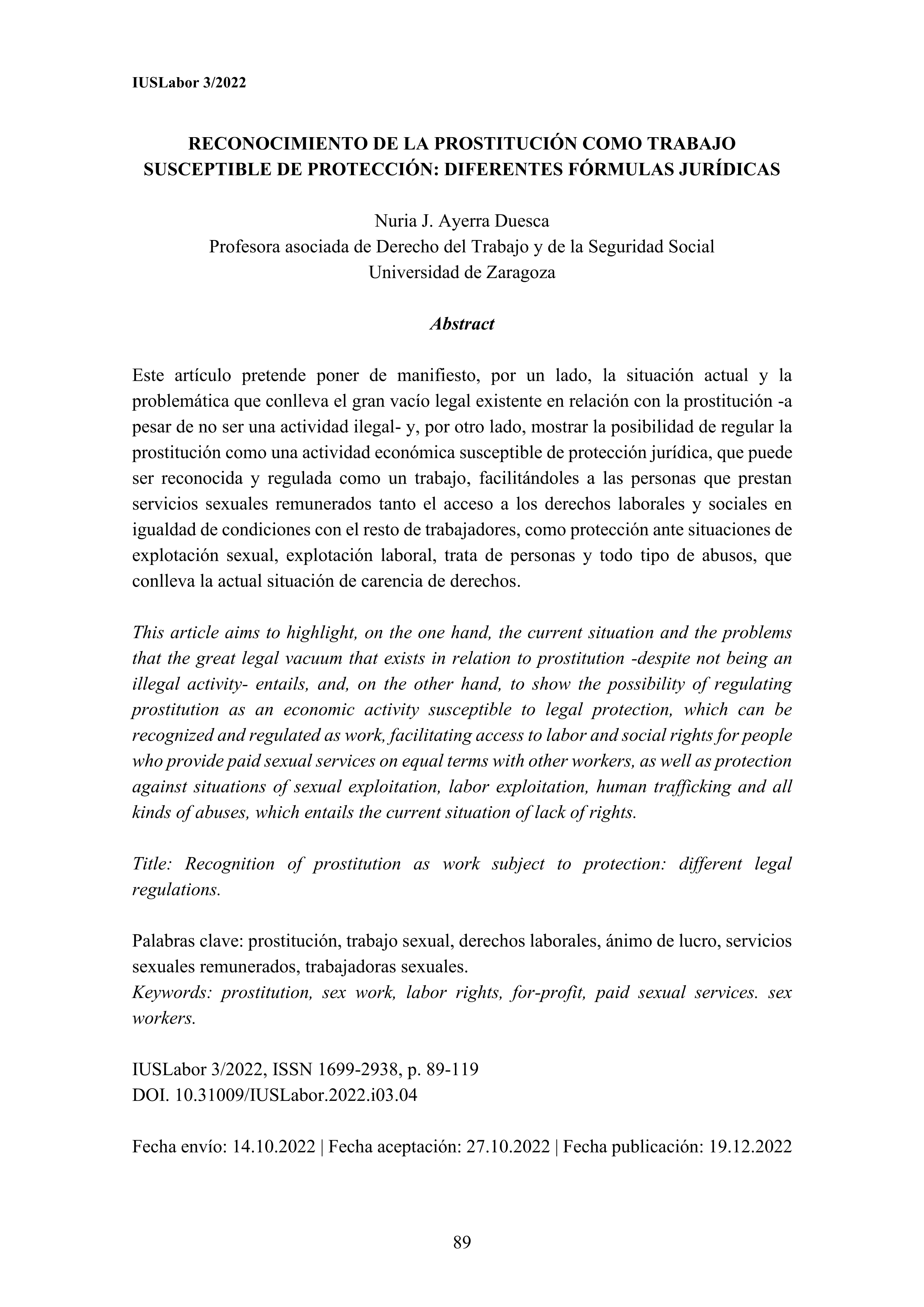 Reconocimiento de la prostitución como trabajo susceptible de protección: diferentes fórmulas jurídicas