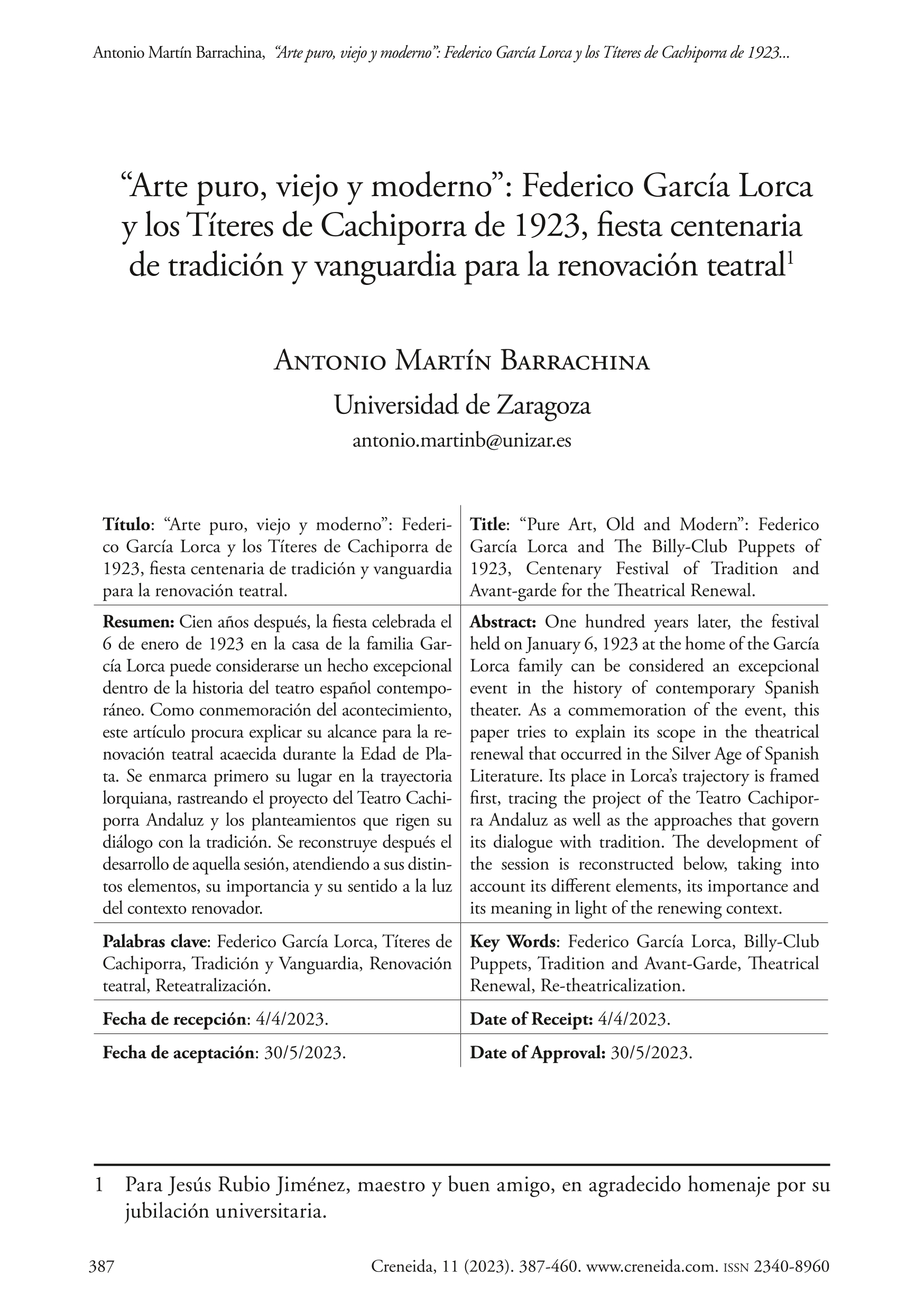 “Arte puro, viejo y moderno”: Federico García Lorca y los Títeres de Cachiporra de 1923, fiesta centenaria de tradición y vanguardia para la renovación teatral