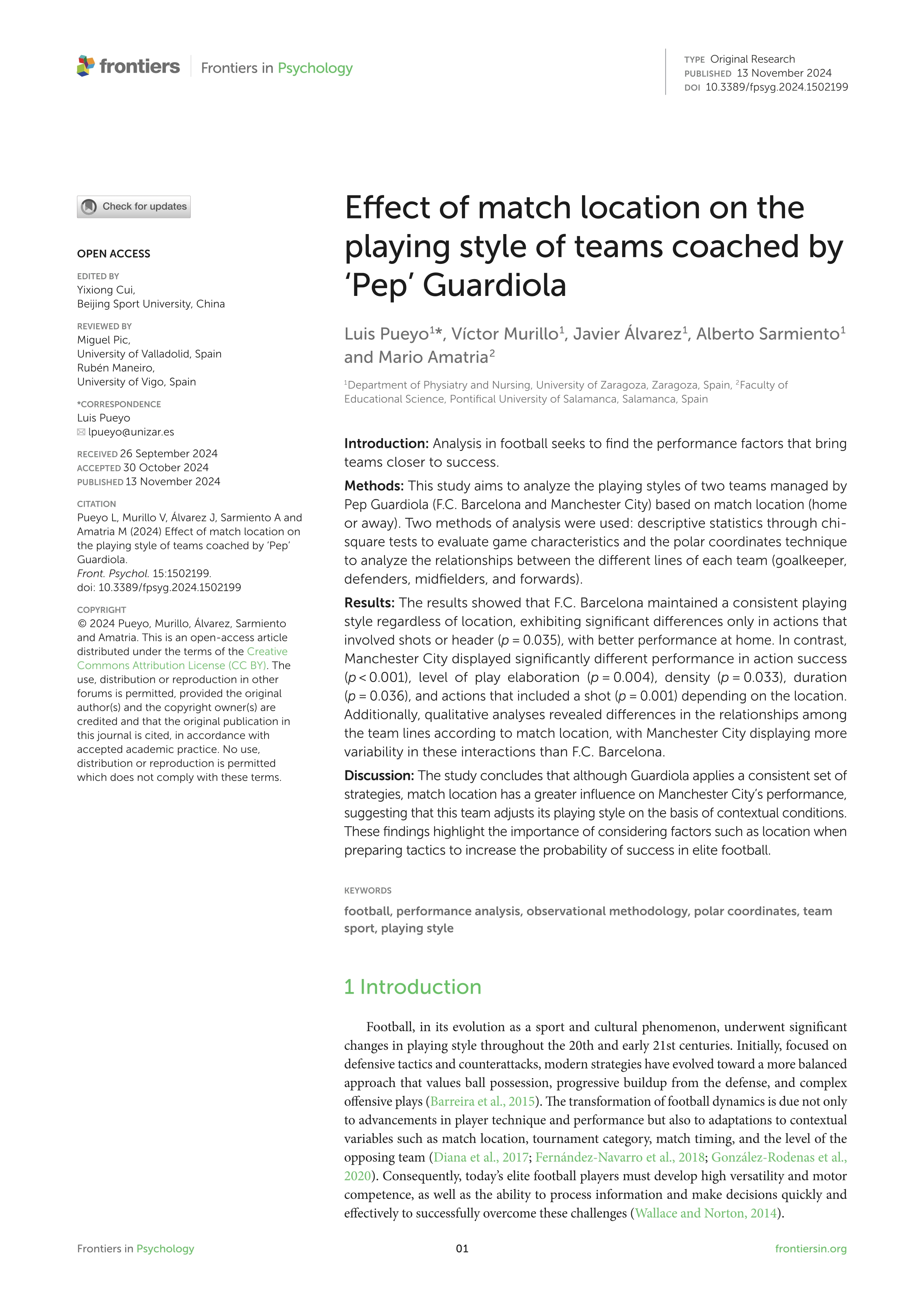 Effect of match location on the playing style of teams coached by ‘Pep’ Guardiola