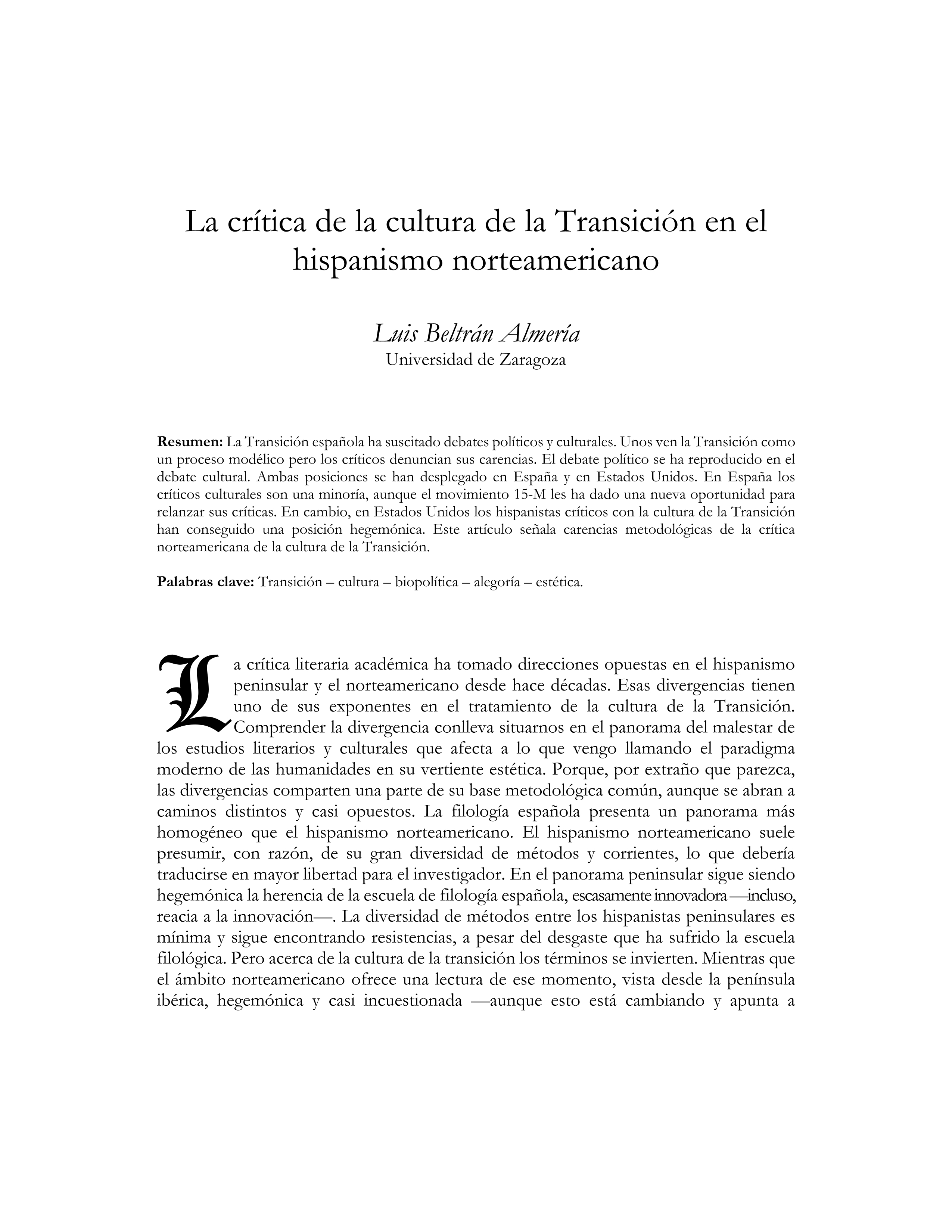 La crítica de la cultura de la Transición en el hispanismo norteamericano