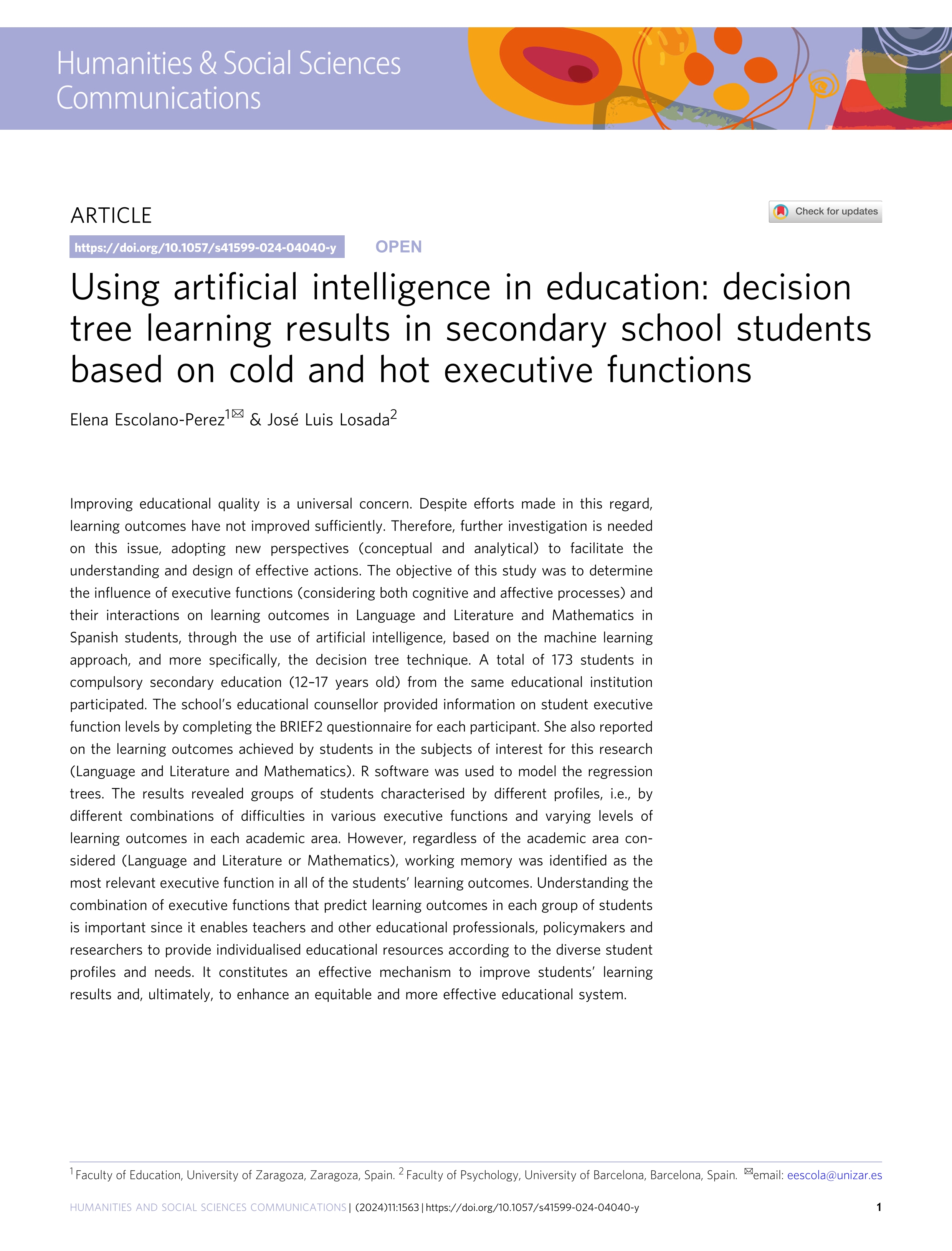 Using artificial intelligence in education: decision tree learning results in secondary school students based on cold and hot executive functions