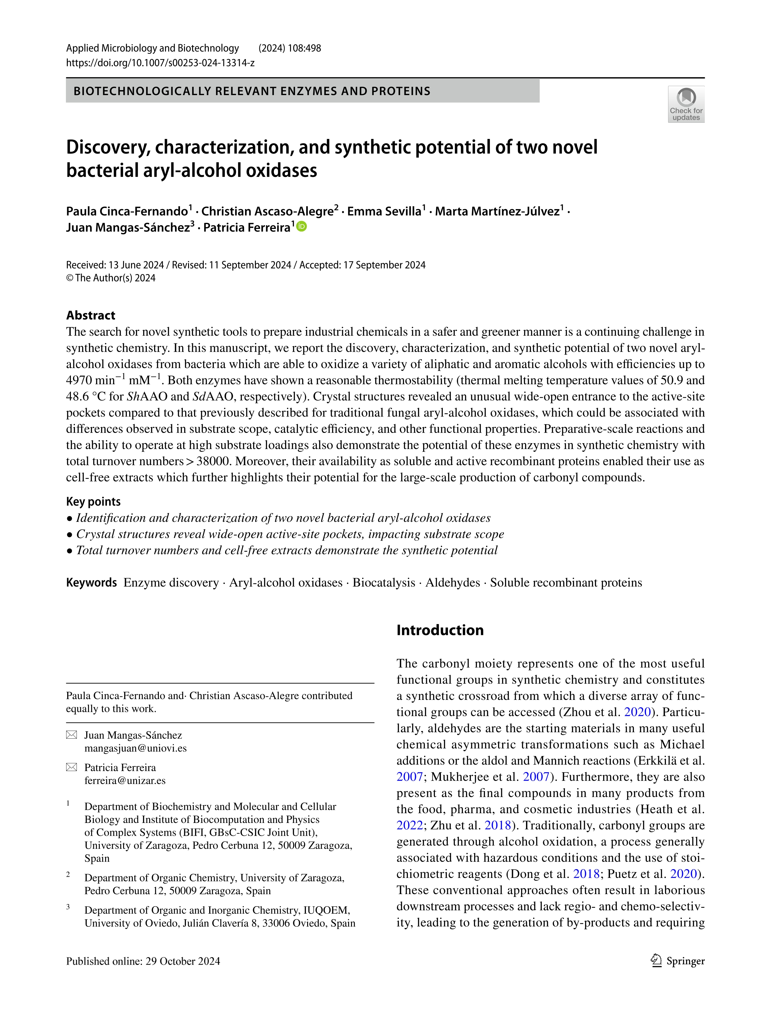 Discovery, characterization, and synthetic potential of two novel bacterial aryl-alcohol oxidases