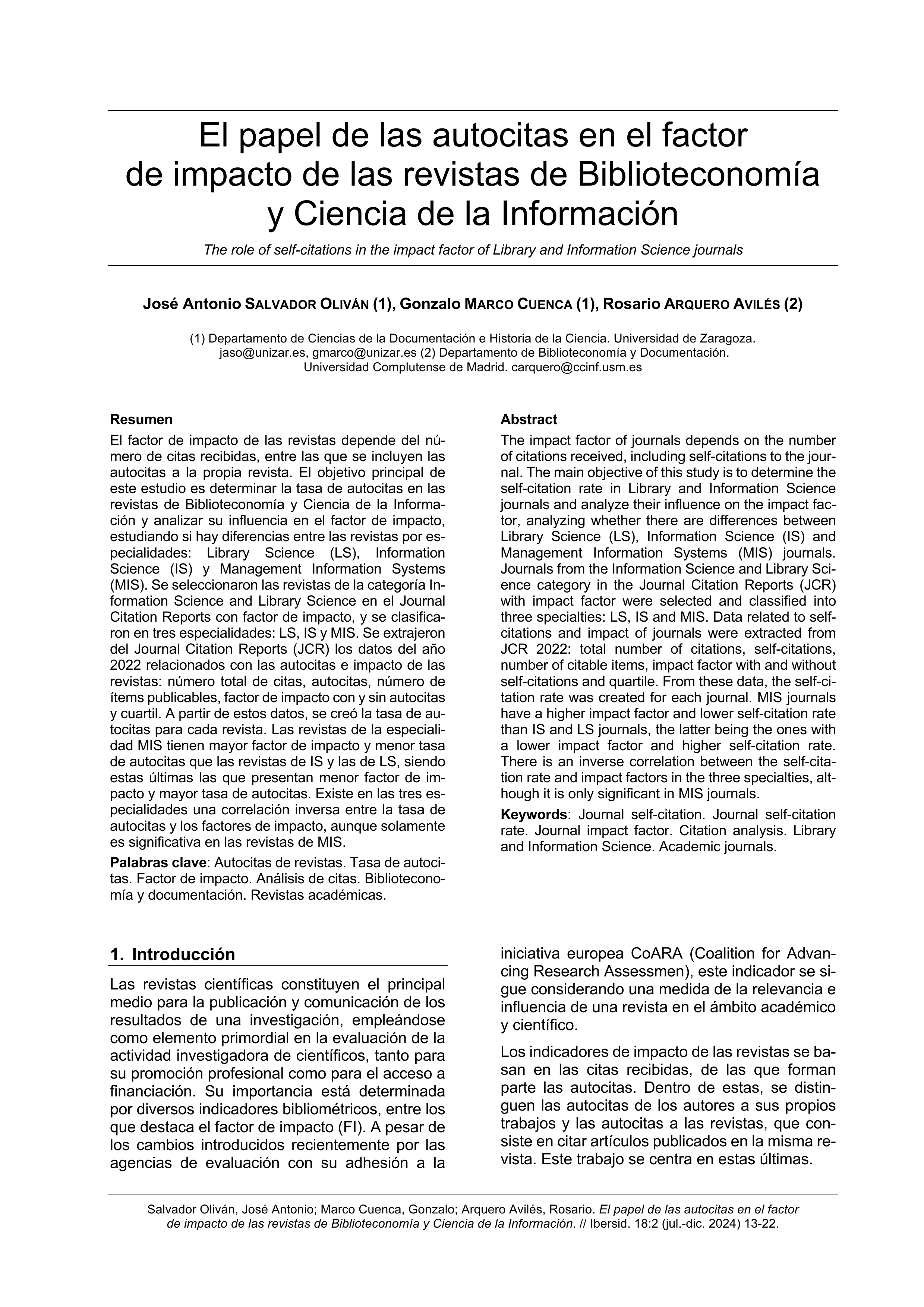 El papel de las autocitas en el factor de impacto de las revistas de biblioteconomía y ciencia de la información