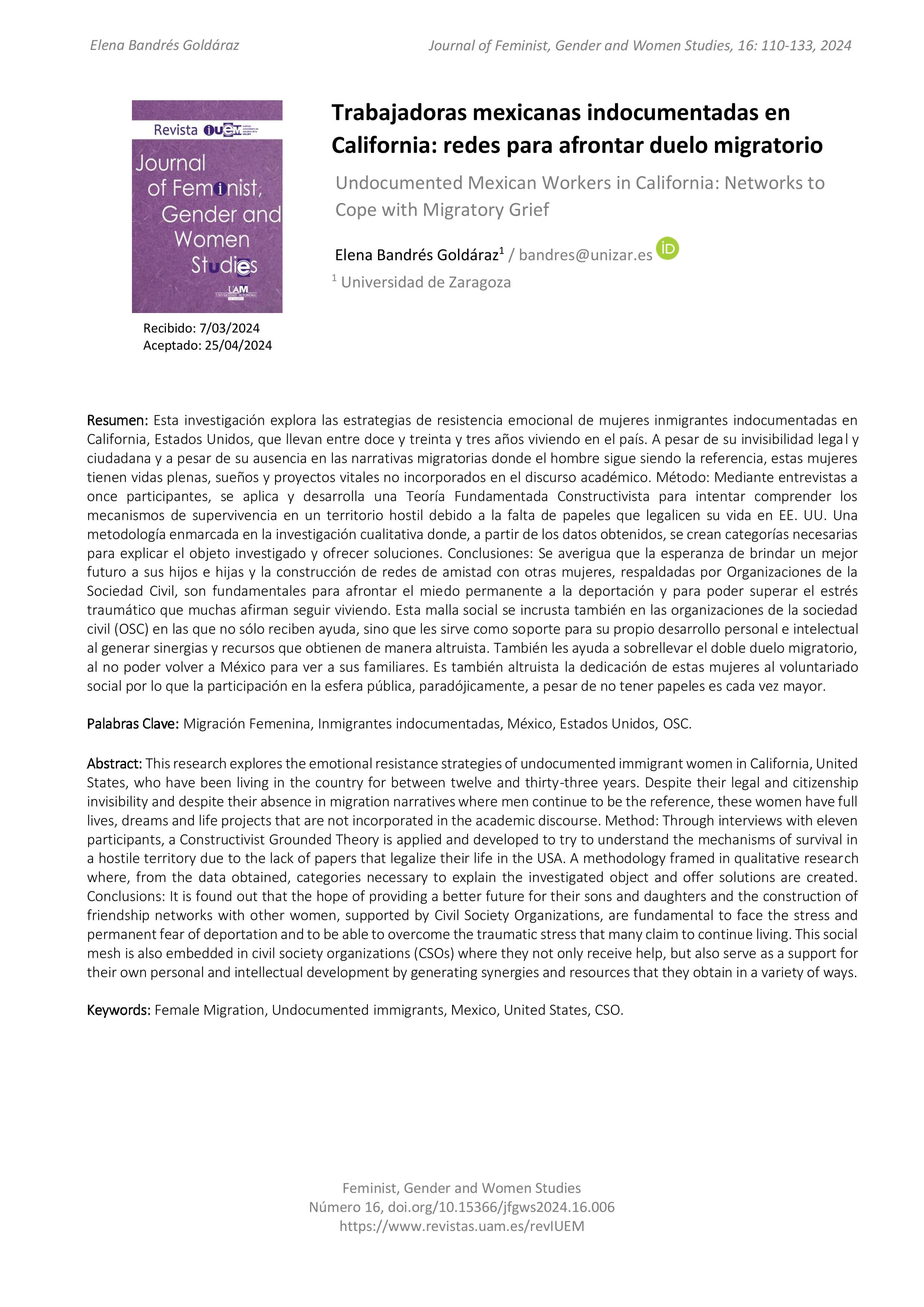 Trabajadoras mexicanas indocumentadas en California: redes para afrontar duelo migratorio