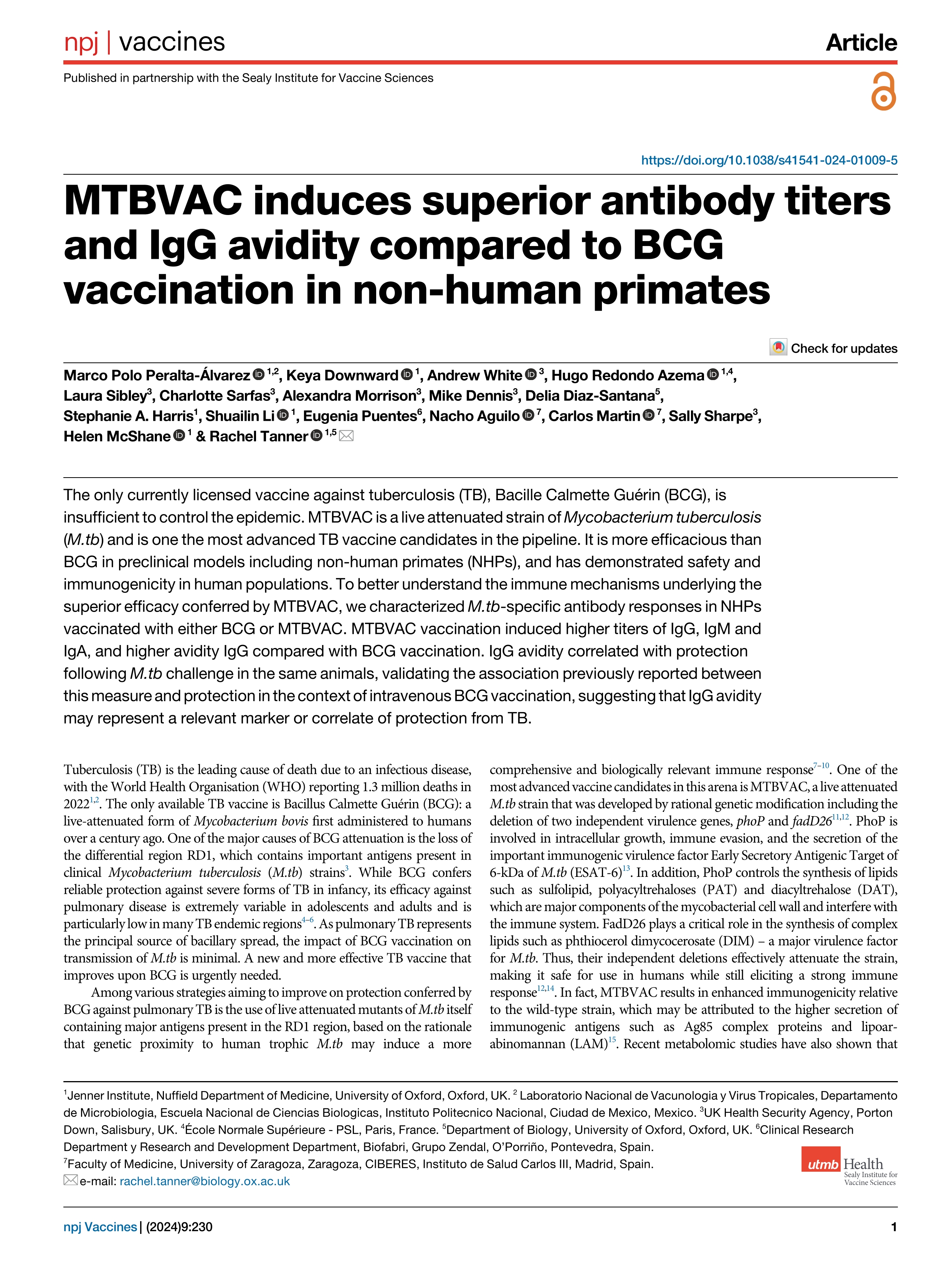 MTBVAC induces superior antibody titers and IgG avidity compared to BCG vaccination in non-human primates