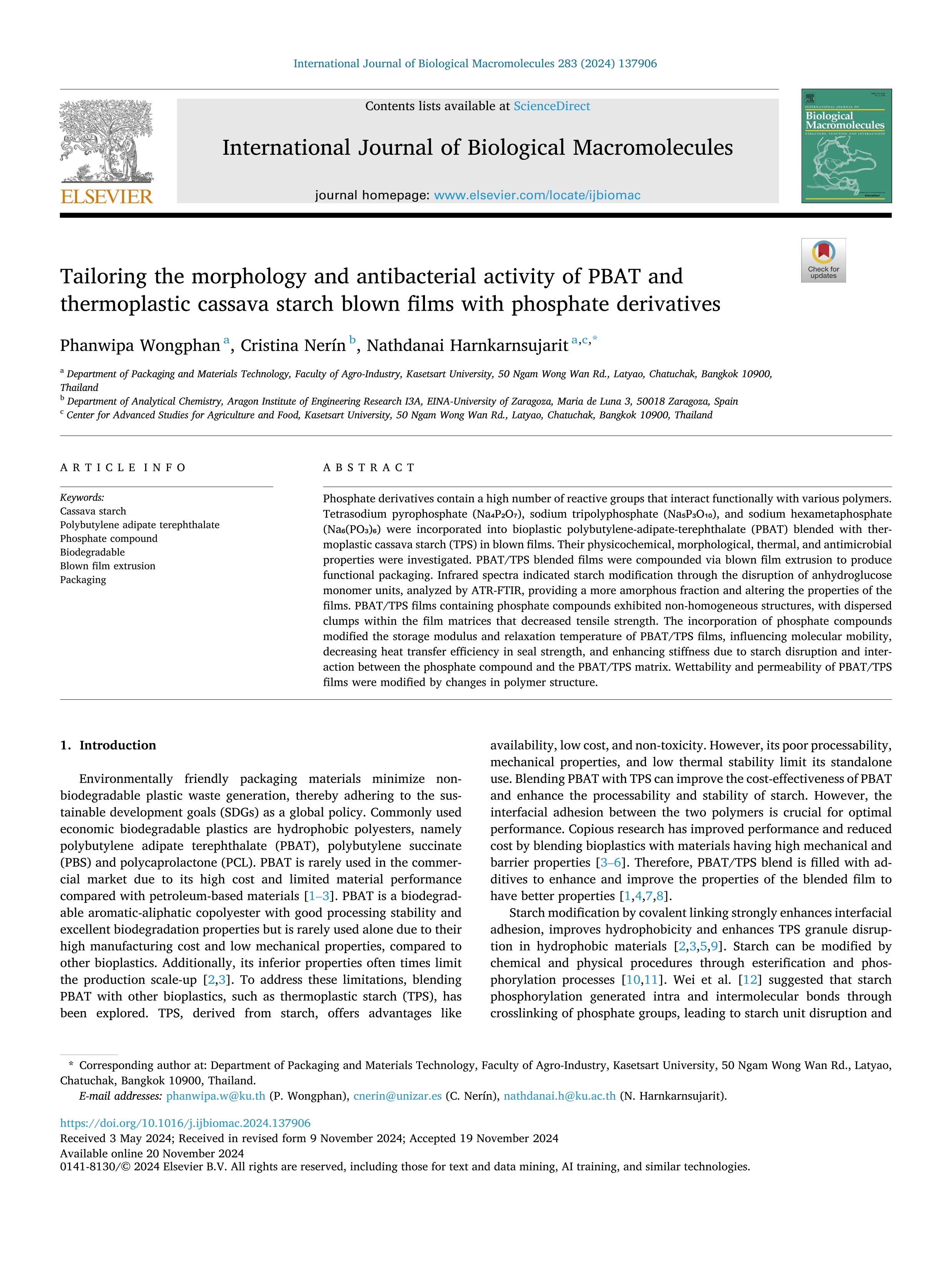 Tailoring the morphology and antibacterial activity of PBAT and thermoplastic cassava starch blown films with phosphate derivatives