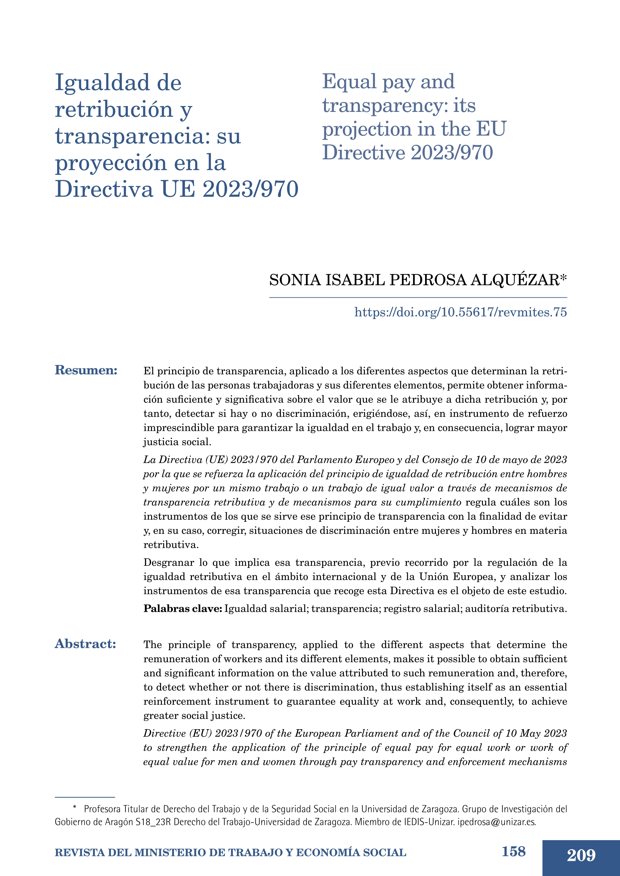 Igualdad de retribución y transparencia: su proyección en la Directiva UE 2023/970