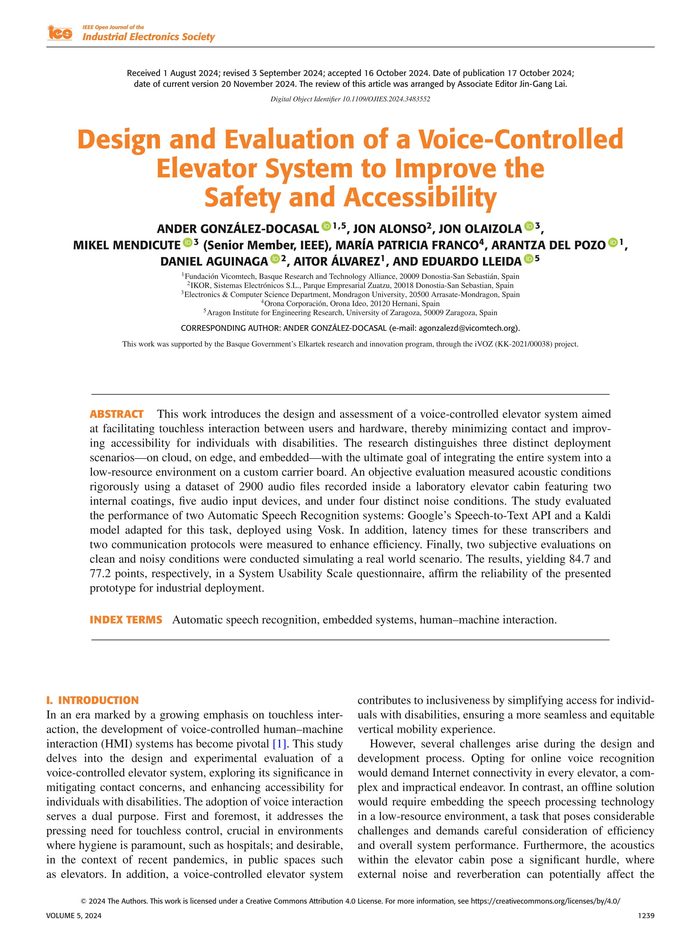 Design and Evaluation of a Voice-Controlled Elevator System to Improve the Safety and Accessibility