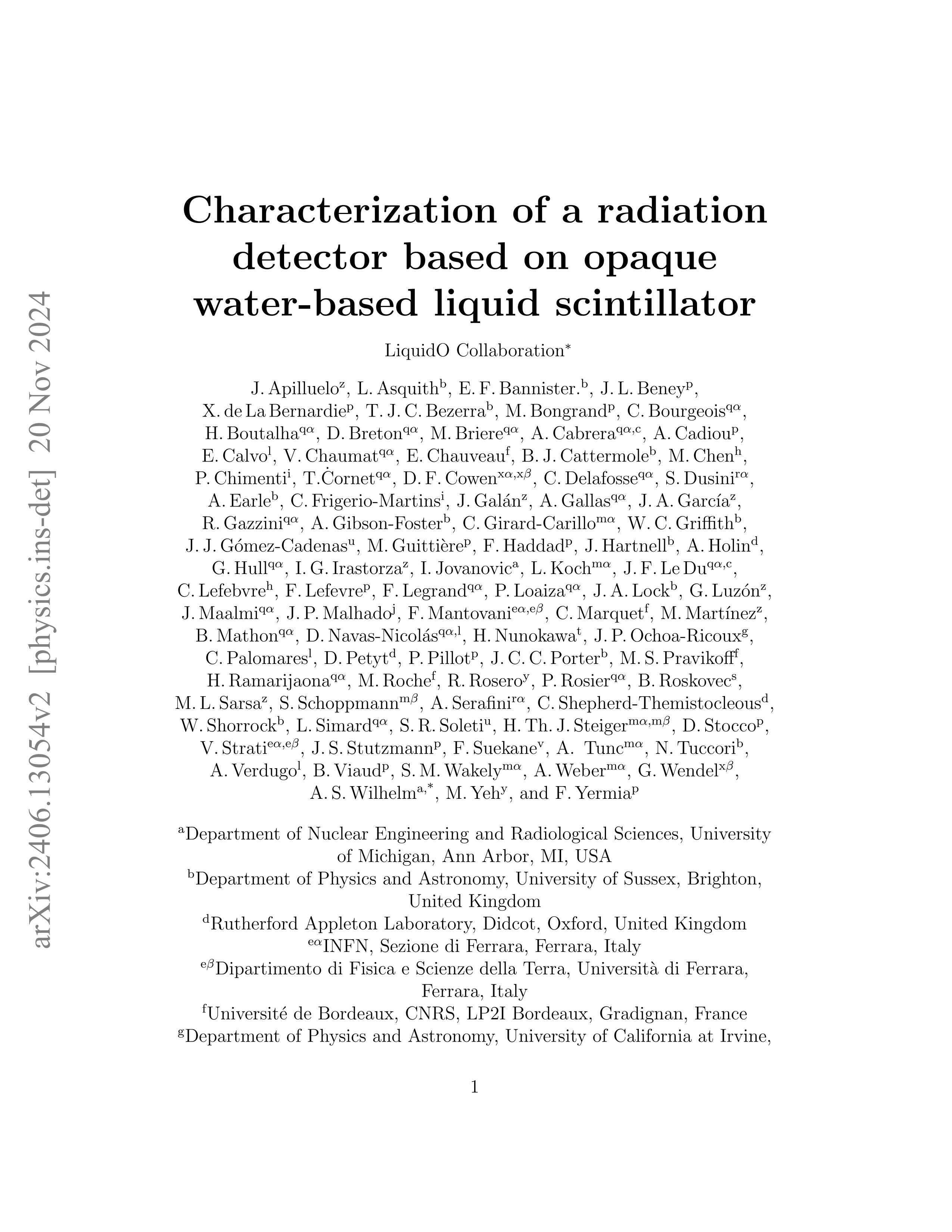 Characterization of a radiation detector based on opaque water-based liquid scintillator