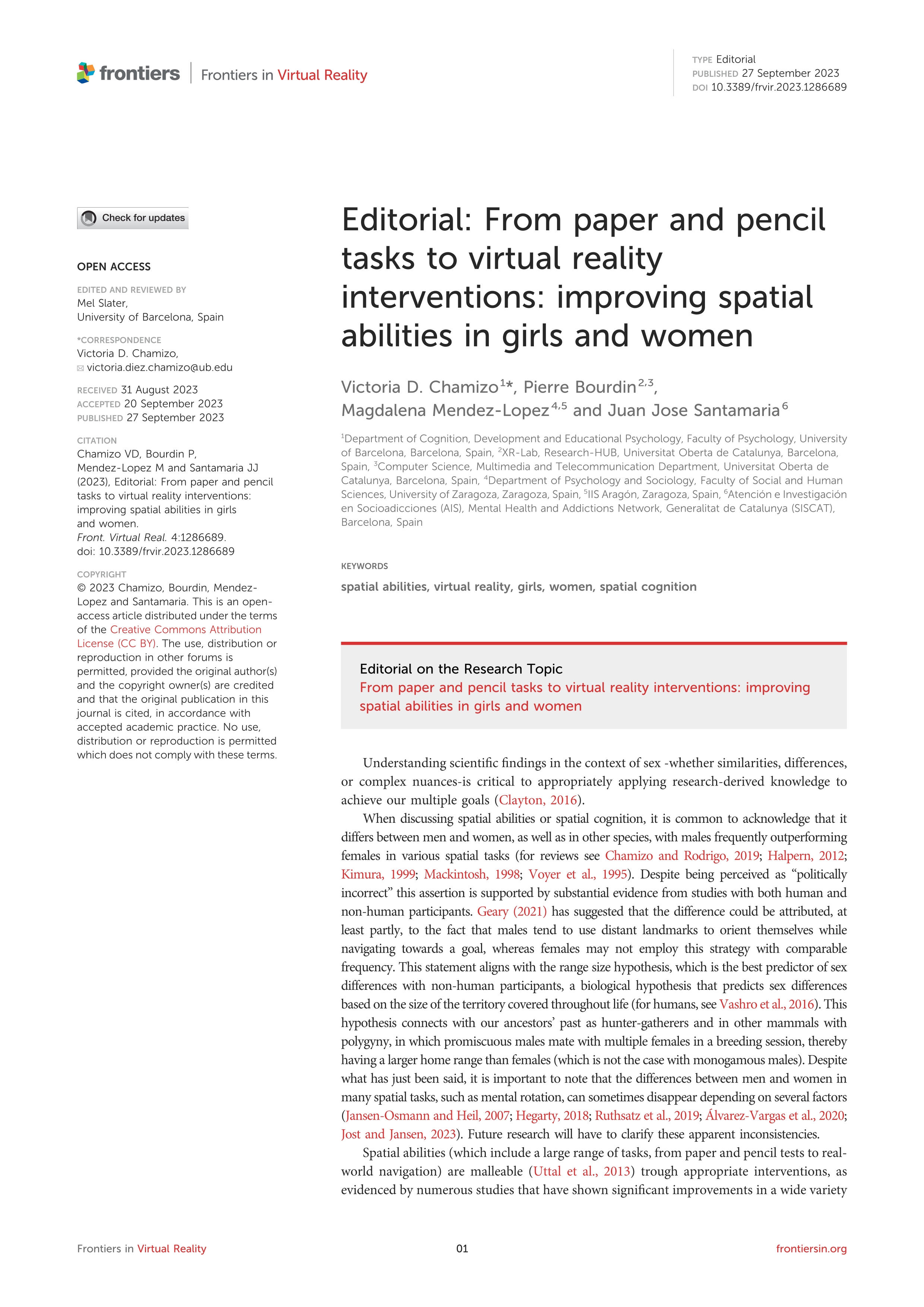 Editorial: From paper and pencil tasks to virtual reality interventions: improving spatial abilities in girls and women