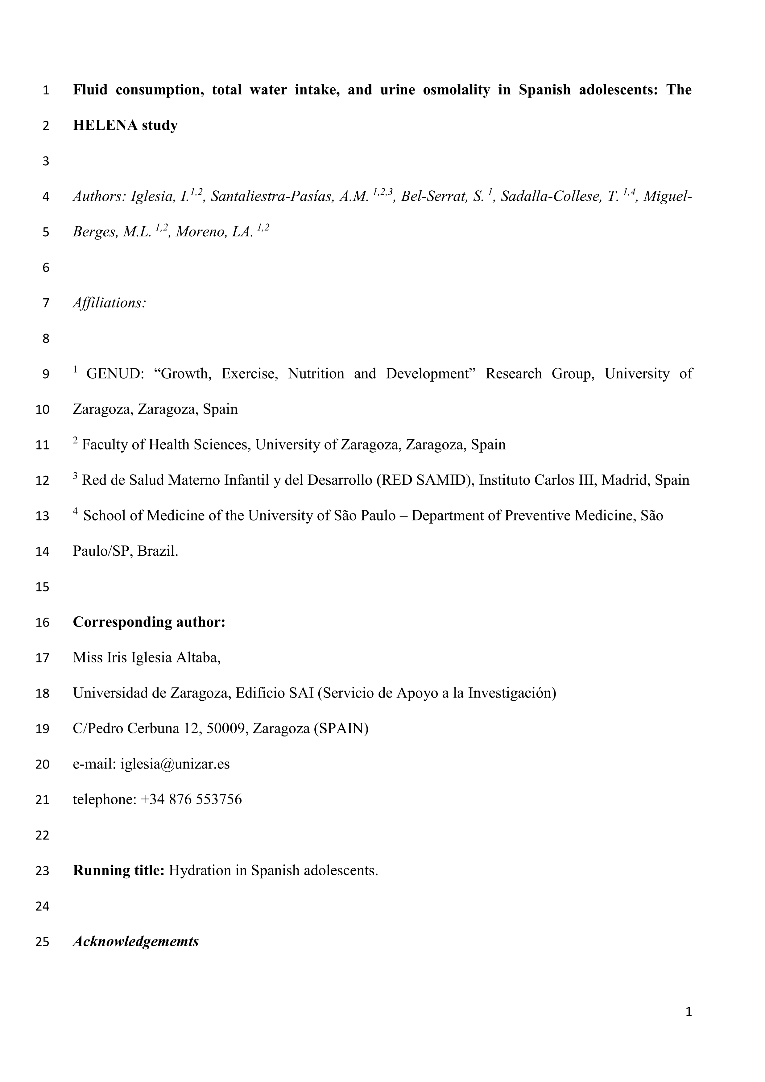 Fluid consumption, total water intake and first morning urine osmolality in Spanish adolescents from Zaragoza: Data from the HELENA study