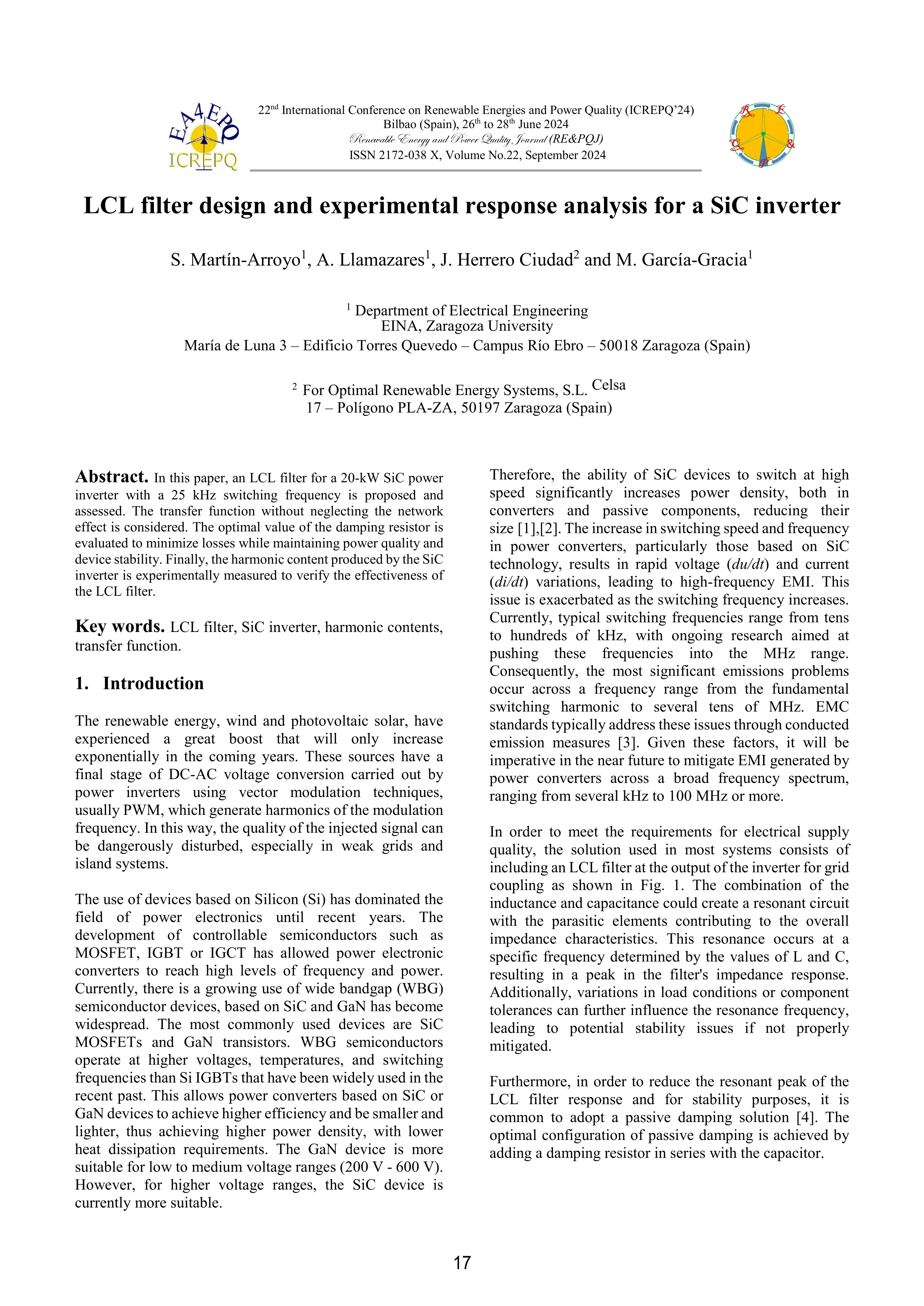 LCL filter design and experimental response analysis for a SiC inverter