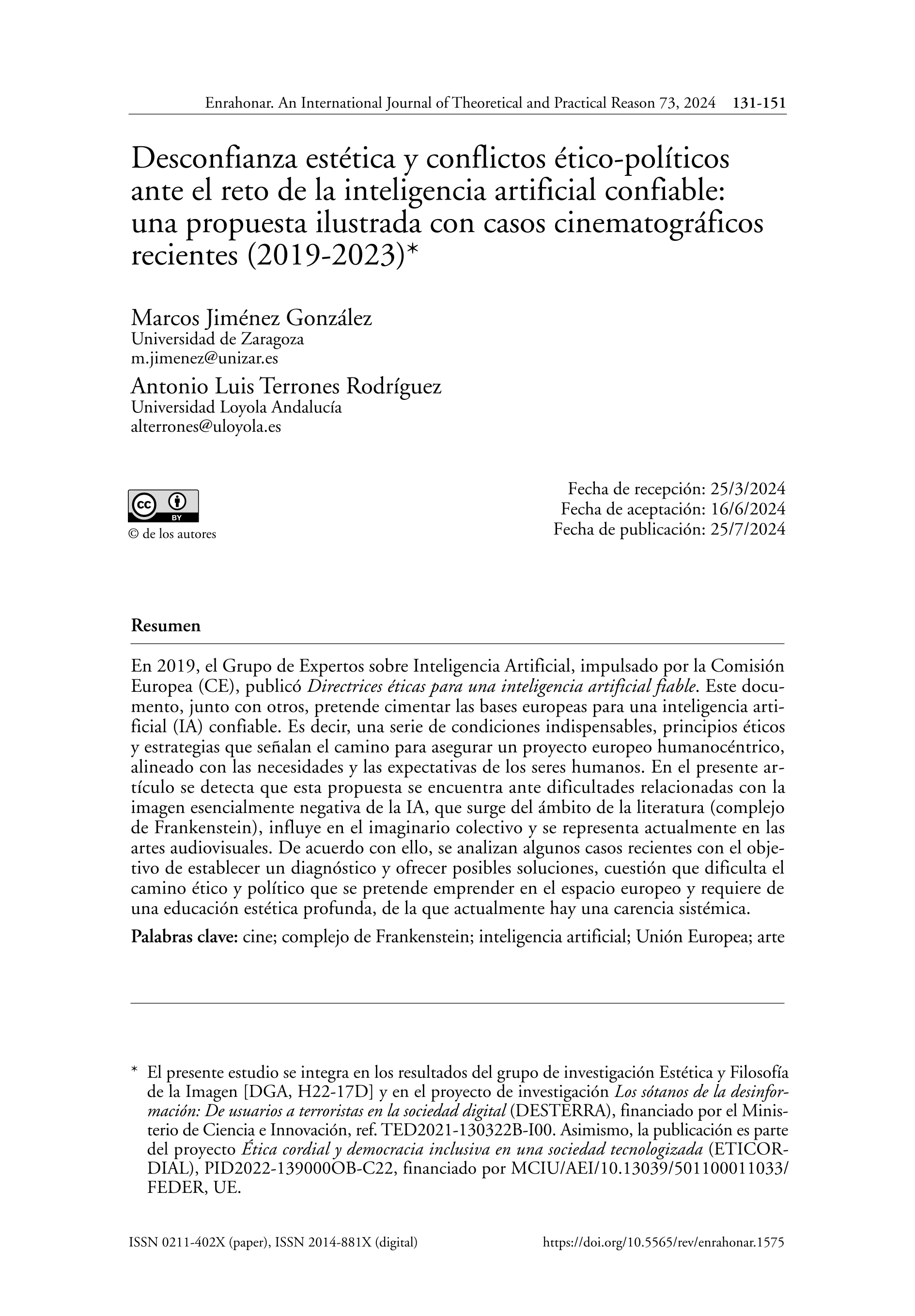 Desconfianza estética y conflictos ético-políticos ante el reto de la inteligencia artificial confiable: una propuesta ilustrada con casos cinematográficos recientes (2019-2023)