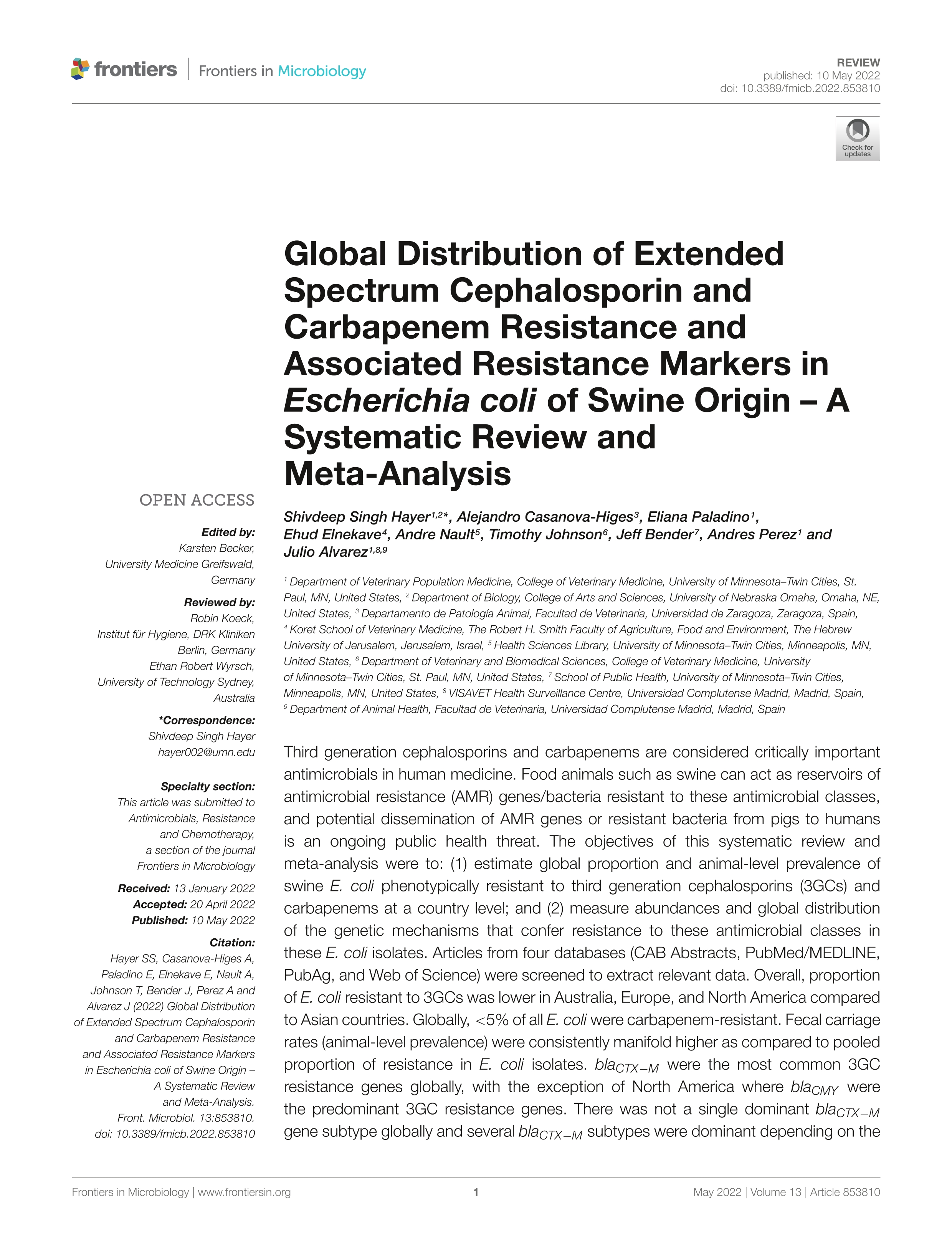 Global Distribution of Extended Spectrum Cephalosporin and Carbapenem Resistance and Associated Resistance Markers in Escherichia coli of Swine Origin – A Systematic Review and Meta-Analysis