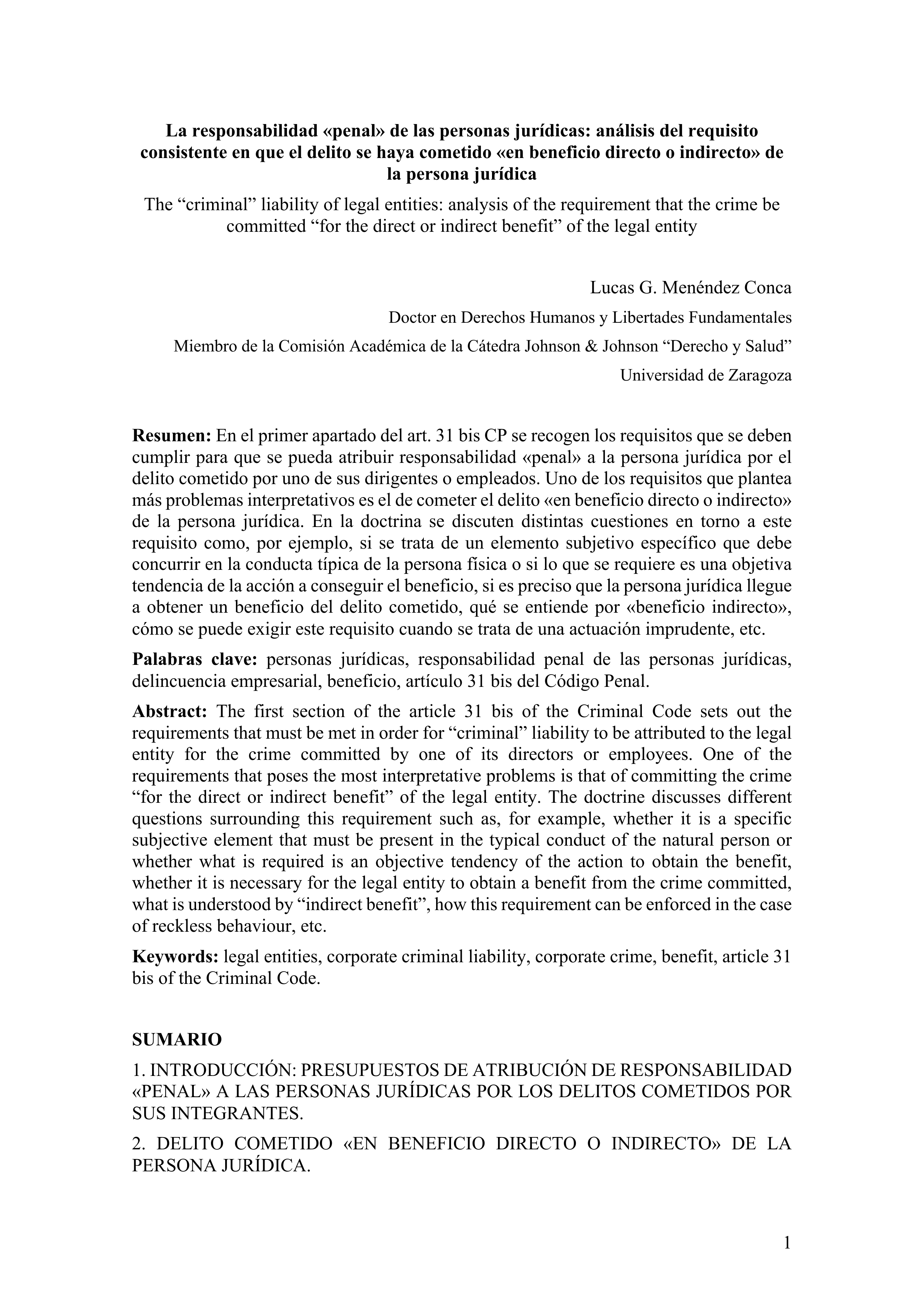 La responsabilidad «penal» de las personas jurídicas: análisis del requisito consistente en que el delito se haya cometido «en beneficio directo o indirecto» de la persona jurídica