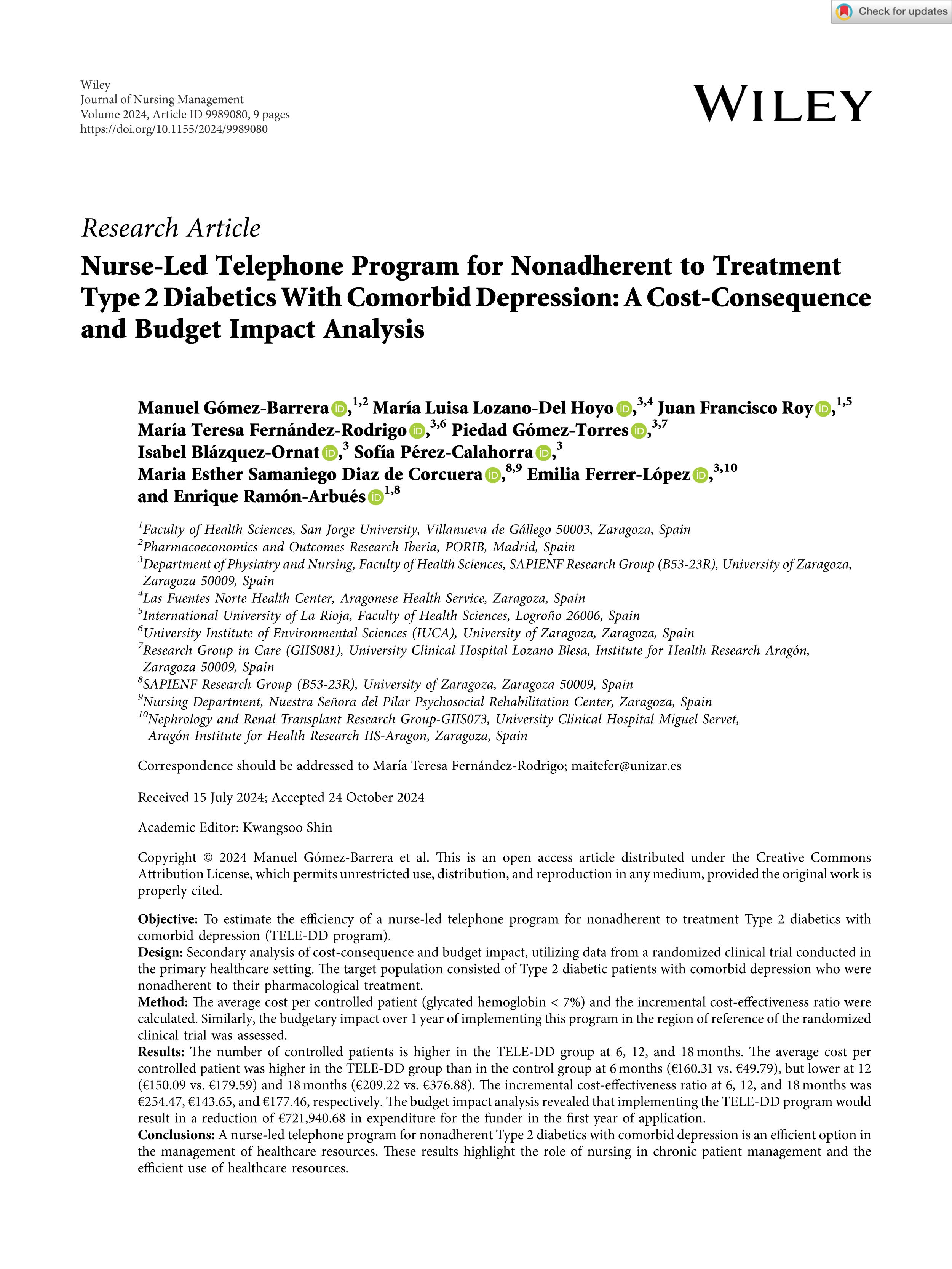 Nurse-led telephone program for nonadherent to treatment Type 2 diabetics with comorbid depression: a cost-consequence and budget impact analysis