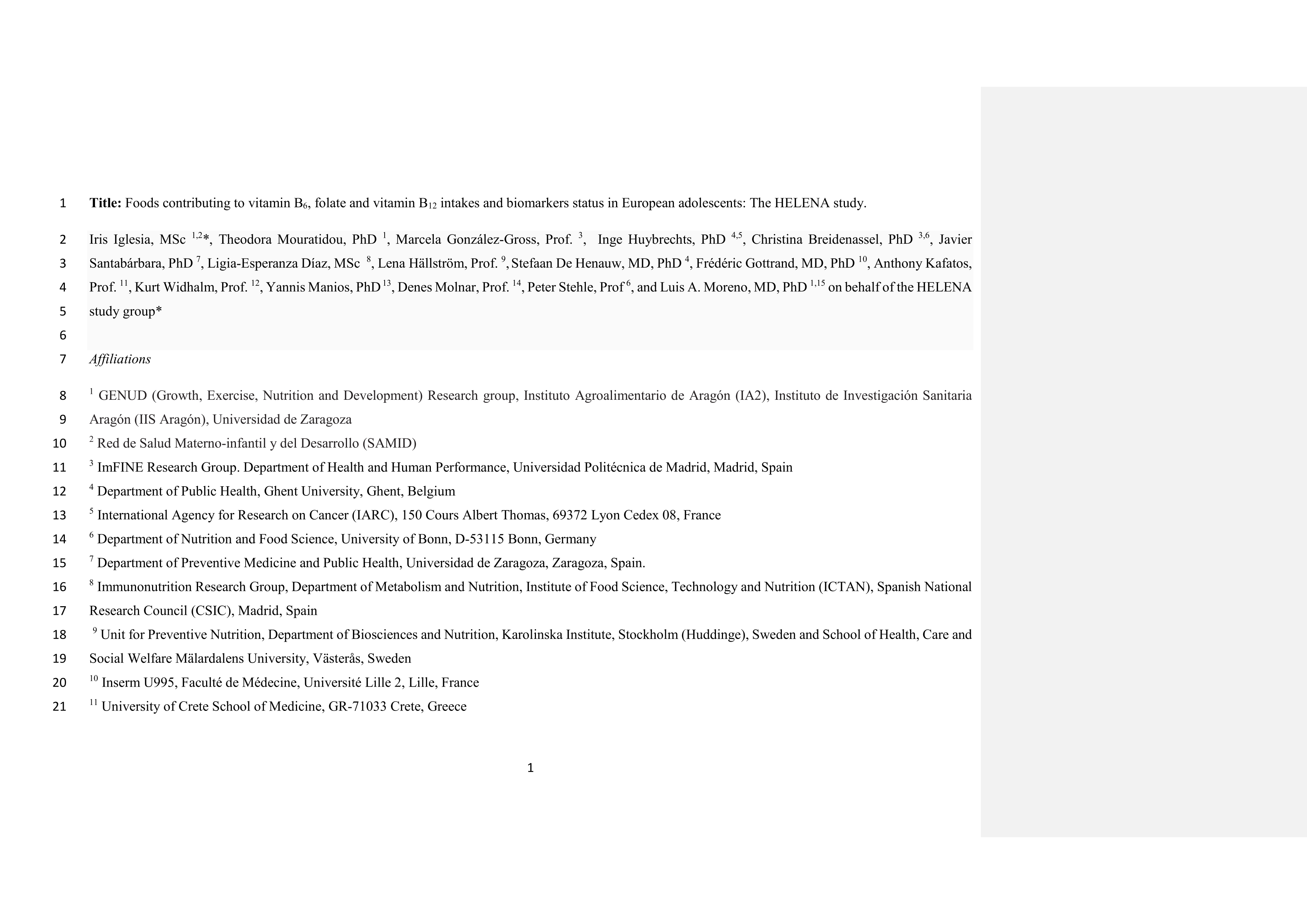 Foods contributing to vitamin B6, folate, and vitamin B12 intakes and biomarkers status in European adolescents: The HELENA study