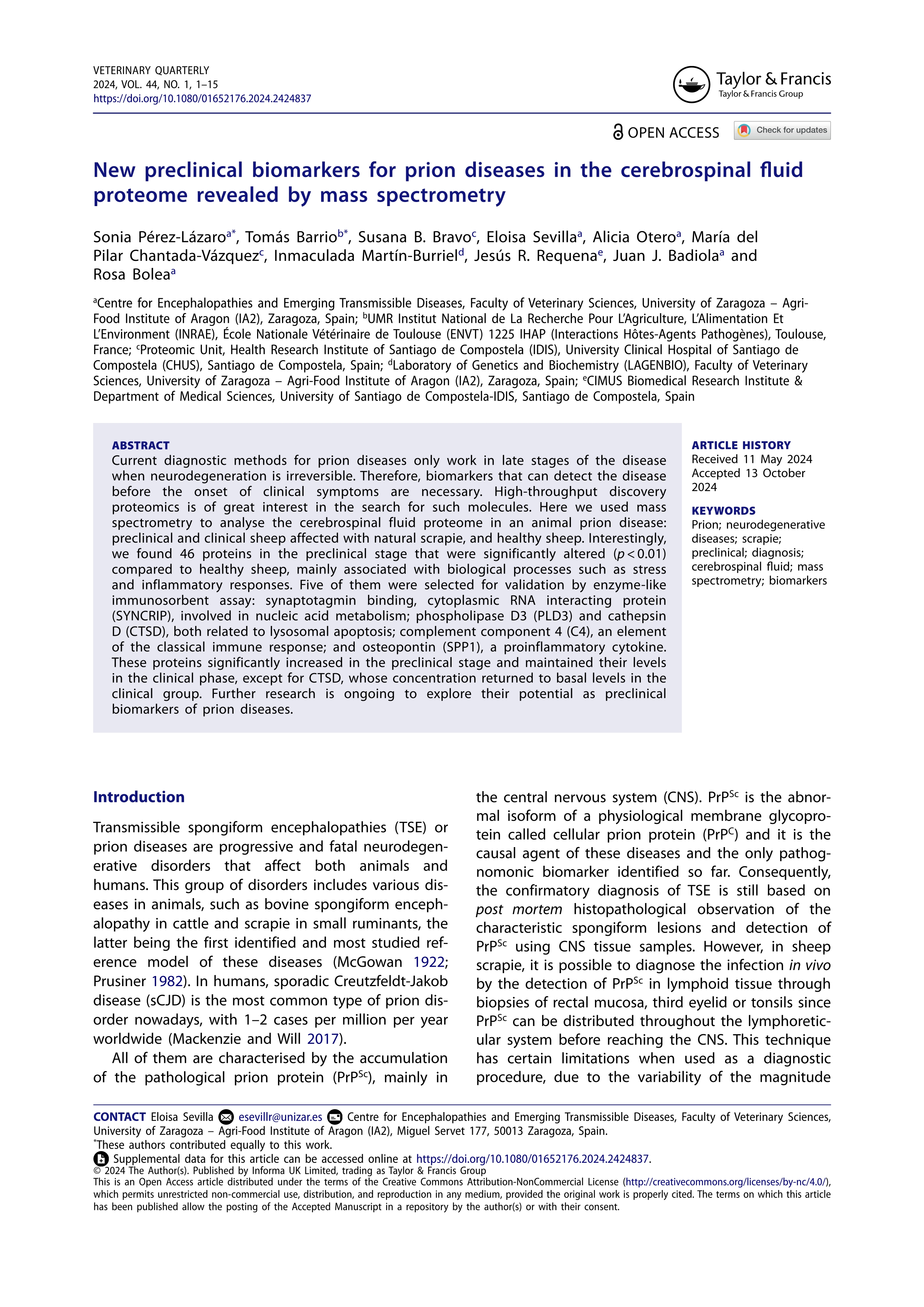 New preclinical biomarkers for prion diseases in the cerebrospinal fluid proteome revealed by mass spectrometry