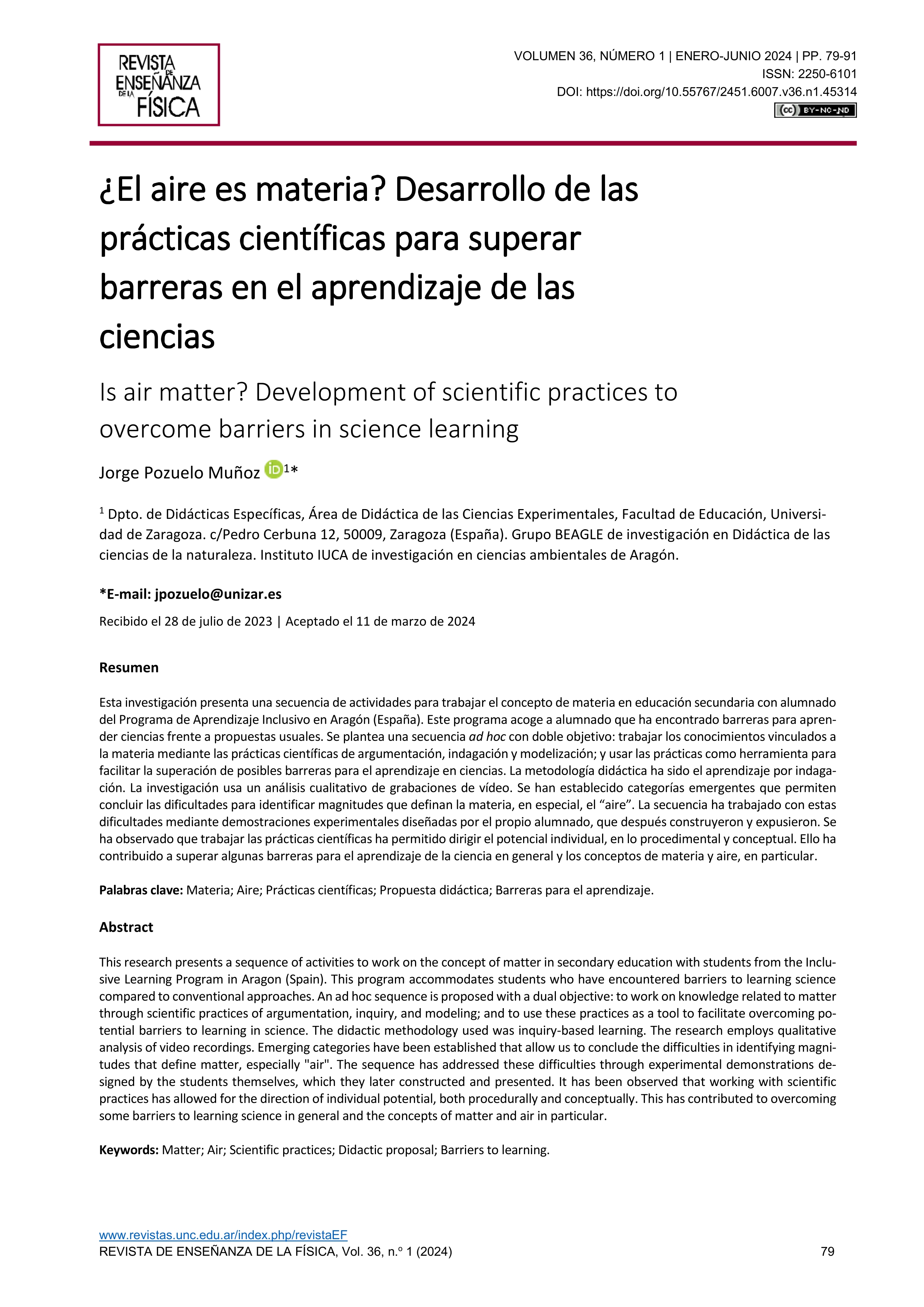 ¿El aire es materia? Desarrollo de las prácticas científicas para superar barreras en el aprendizaje de las ciencias