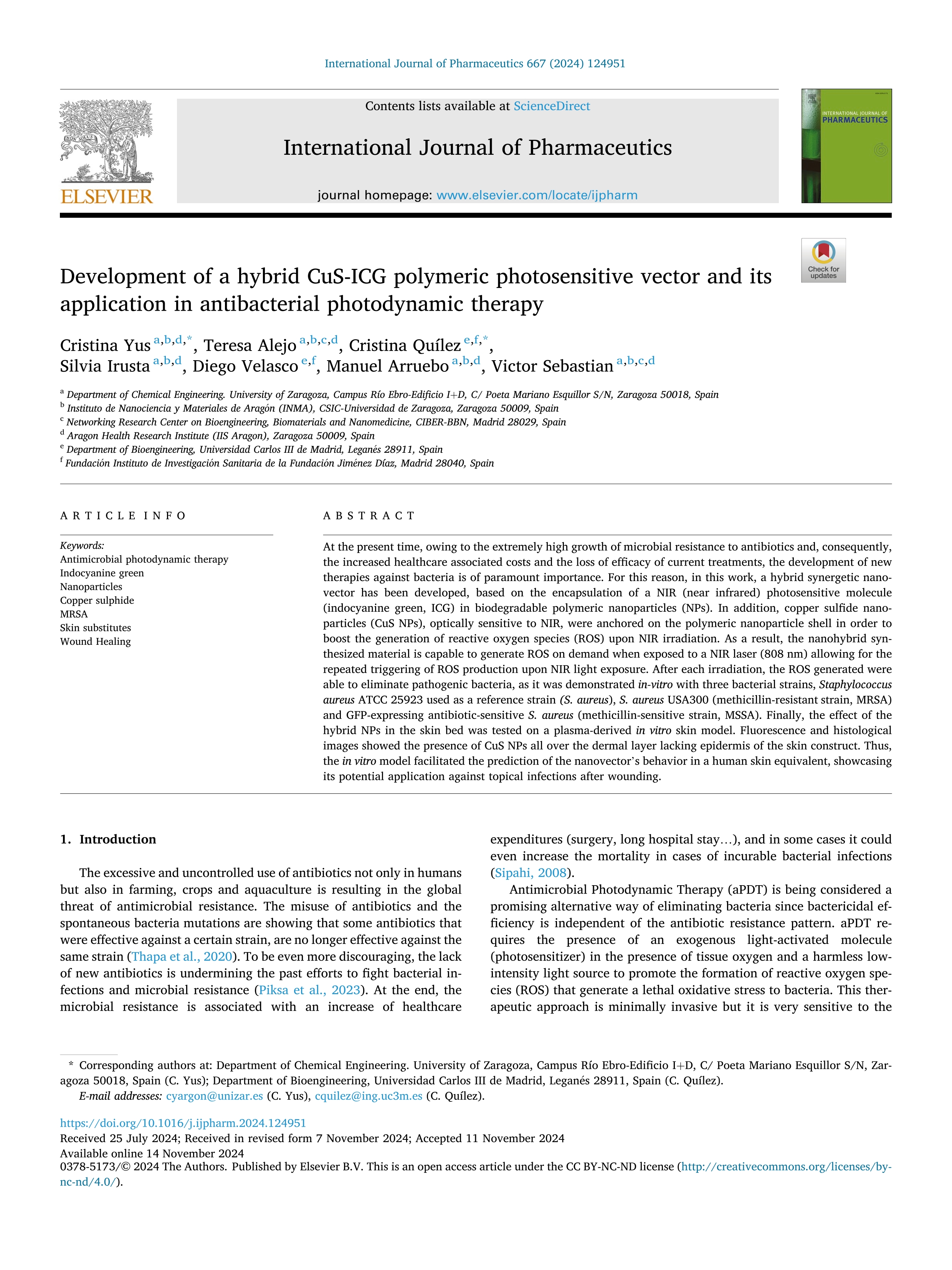Development of a hybrid CuS-ICG polymeric photosensitive vector and its application in antibacterial photodynamic therapy