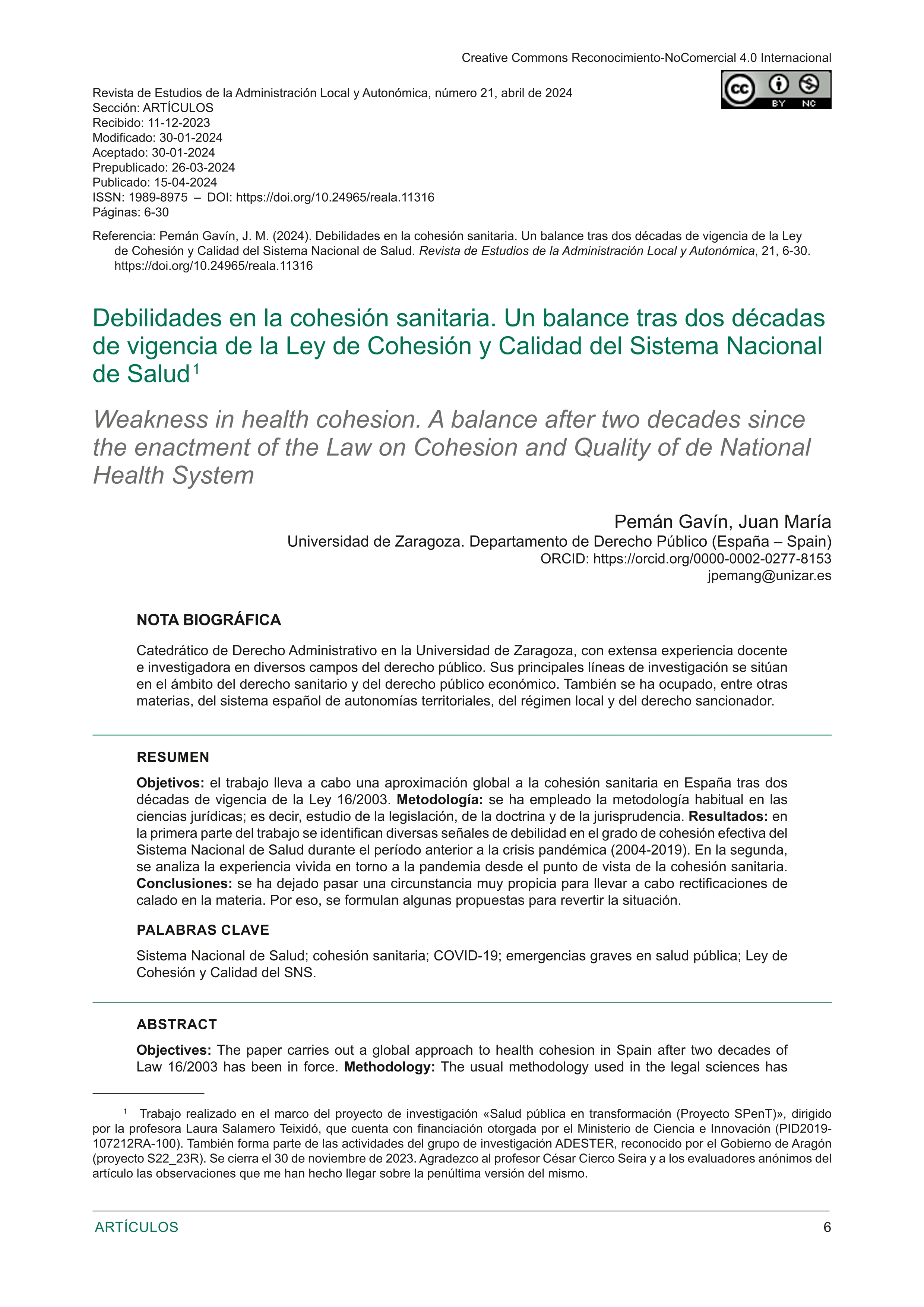 Debilidades en la cohesión sanitaria. Un balance tras dos décadas de vigencia de la Ley de Cohesión y Calidad del Sistema Nacional de Salud