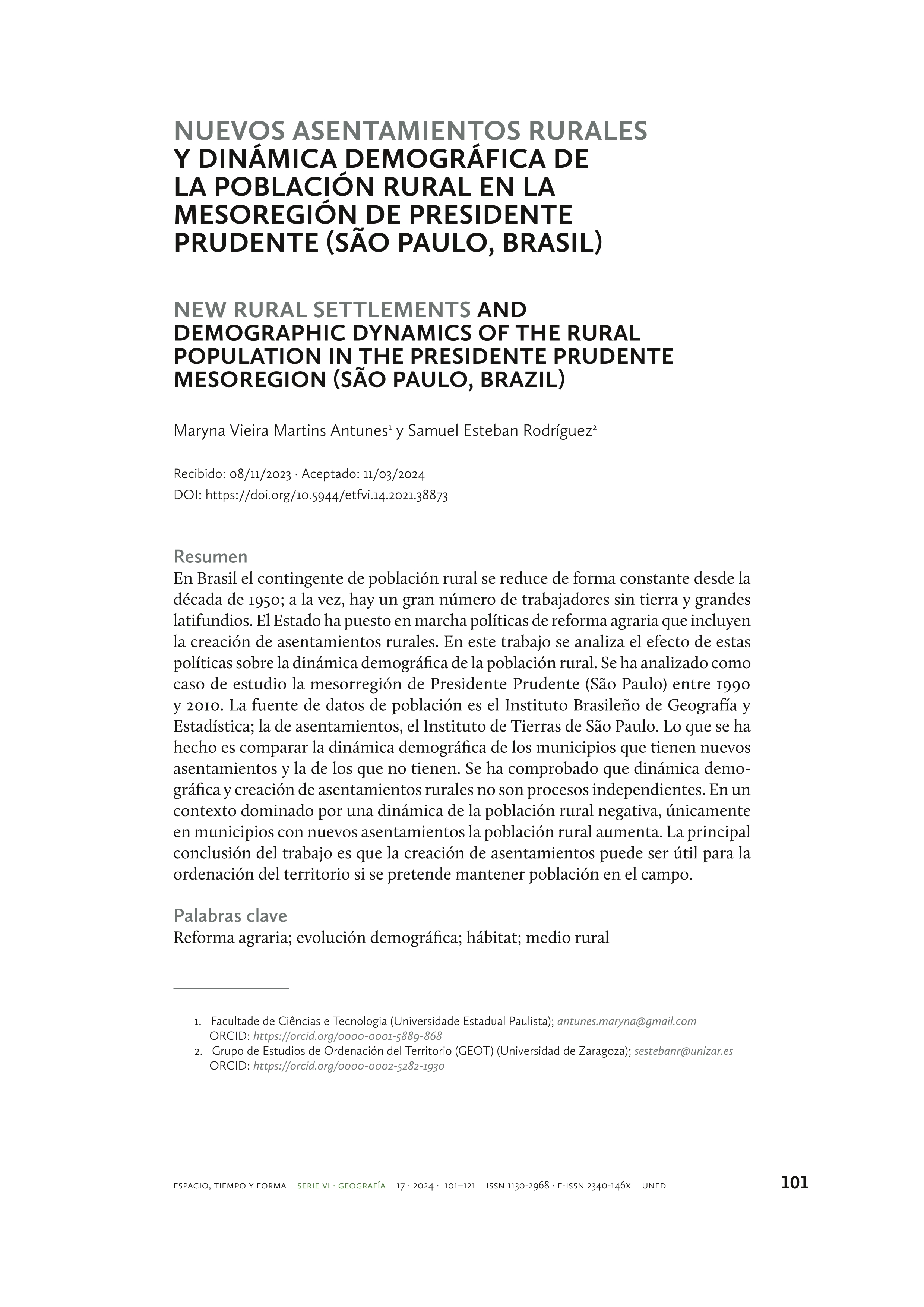 Nuevos asentamientos rurales y dinámica demográfica de la población rural en la mesoregión de presidente Prudente (São Paulo, Brasil)