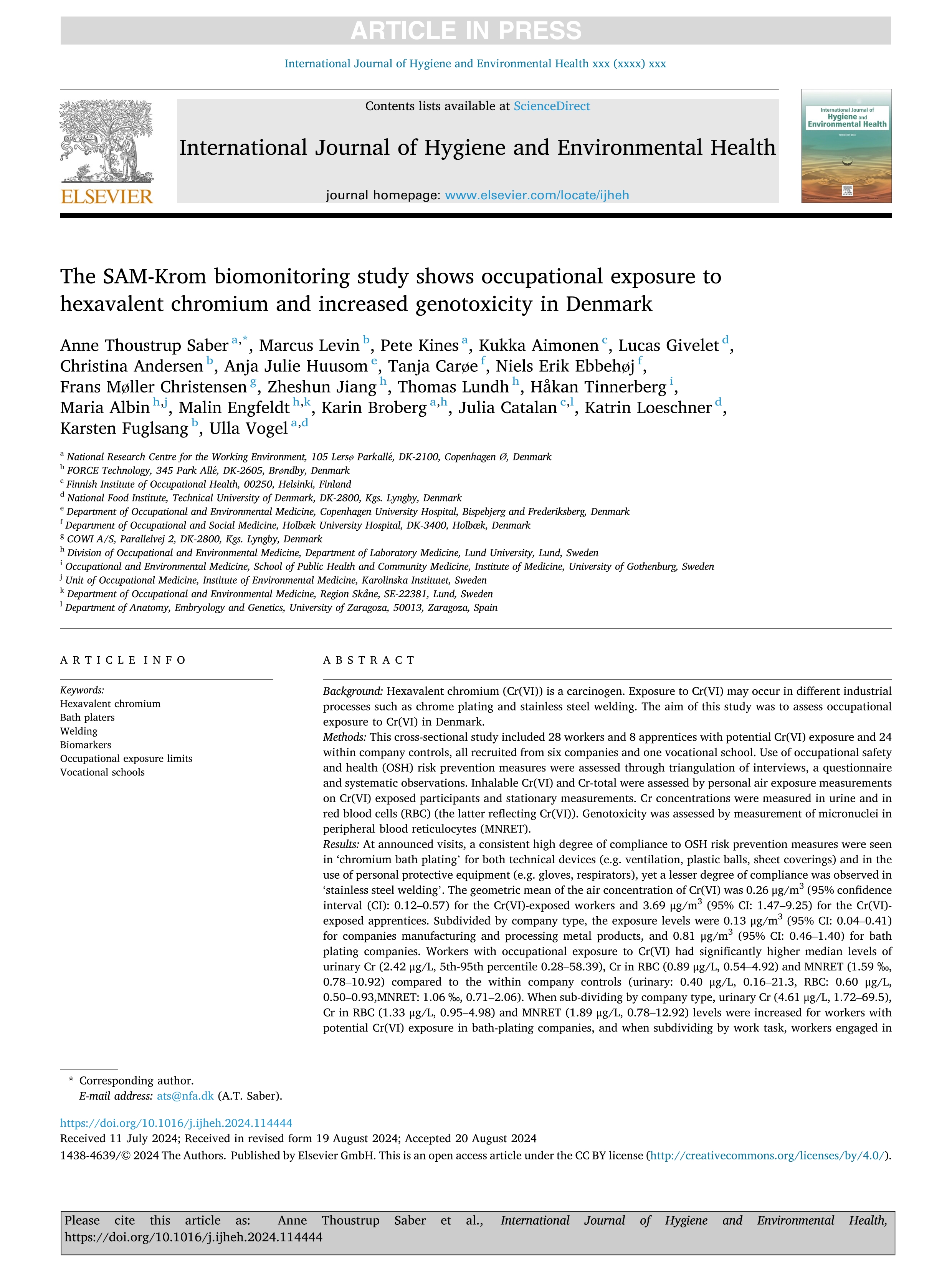 The SAM-Krom biomonitoring study shows occupational exposure to hexavalent chromium and increased genotoxicity in Denmark