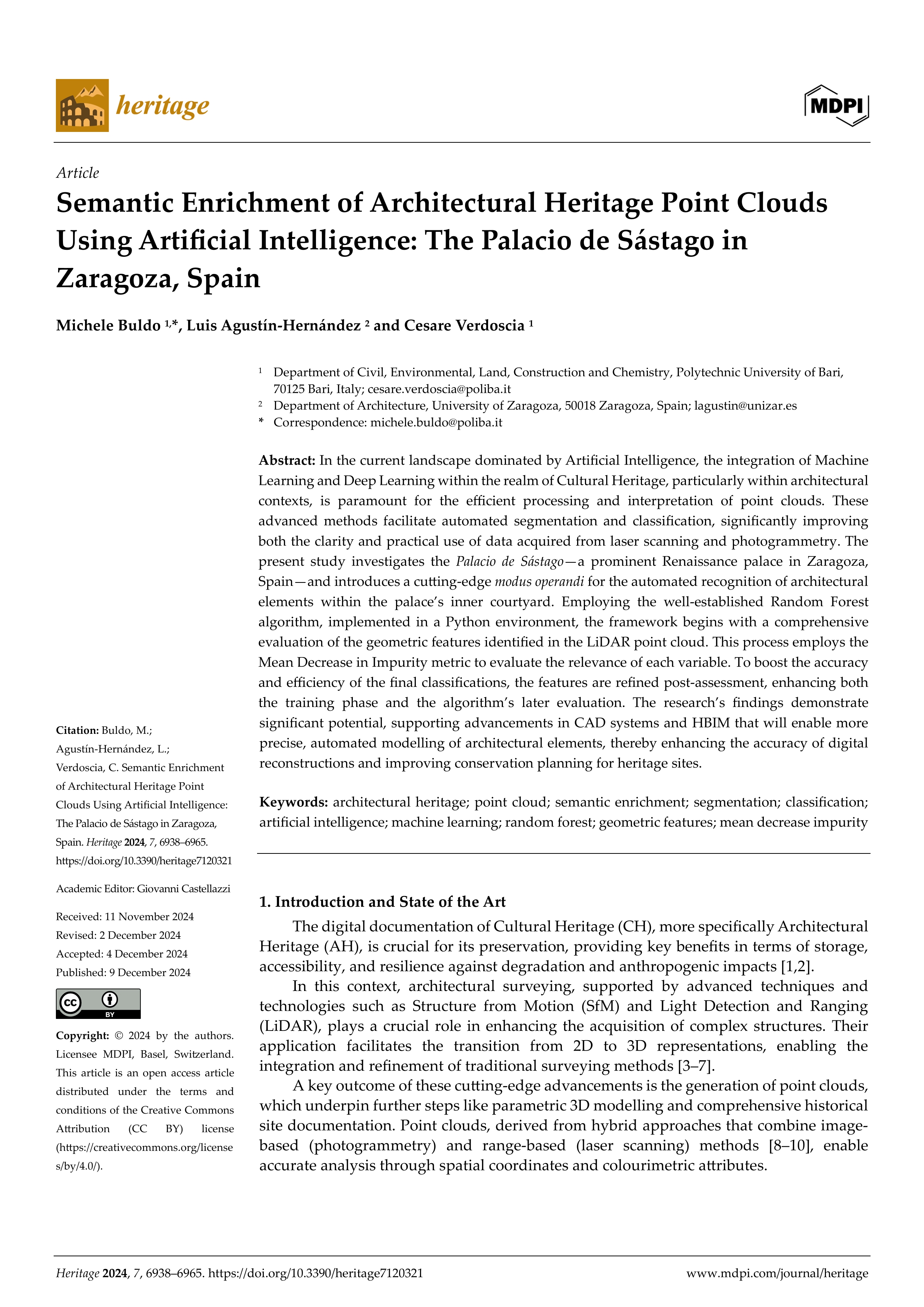 Semantic enrichment of architectural heritage point clouds using artificial intelligence: the Palacio de Sástago in Zaragoza, Spain