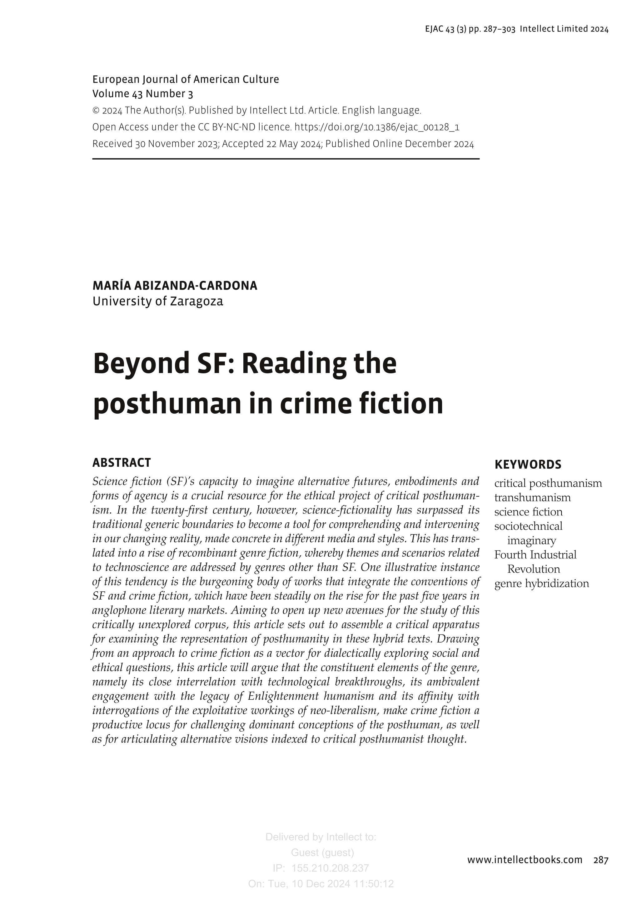 Beyond SF: Reading the posthuman in crime fiction