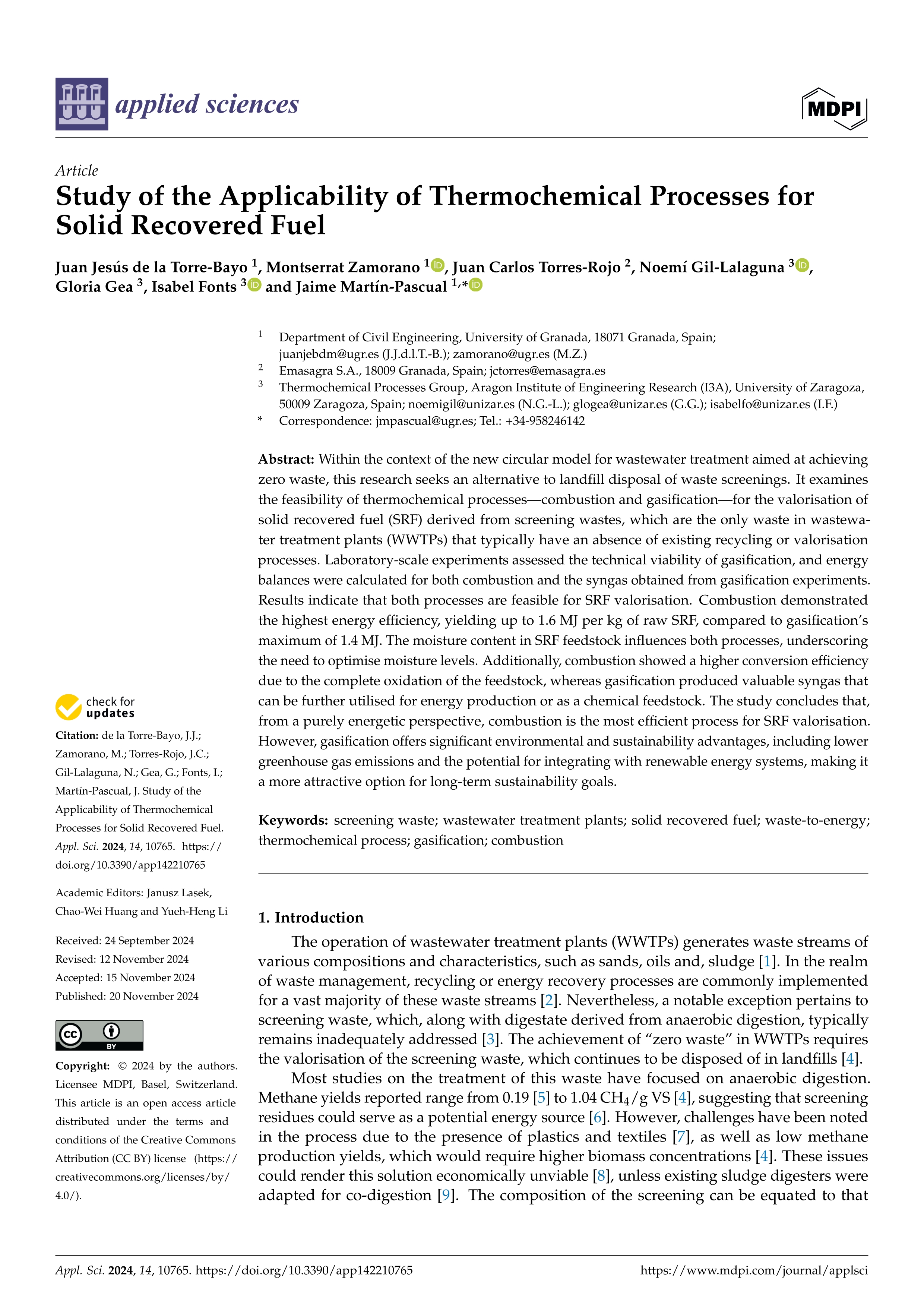 Study of the applicability of thermochemical processes for solid recovered fuel