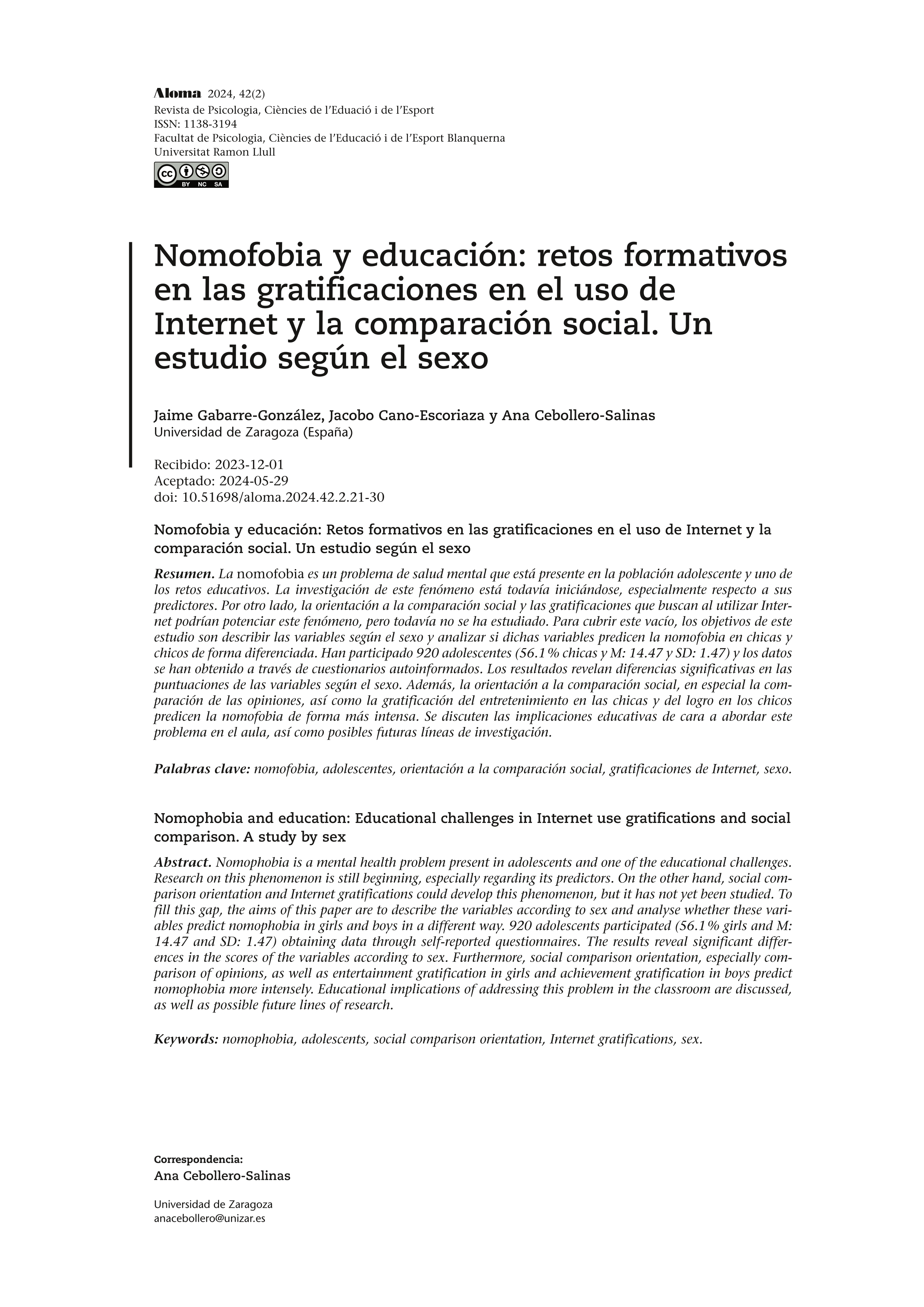 Nomofobia y educación: Retos formativos en las gratificaciones en el uso de Internet y la comparación social. Un estudio según el sexo