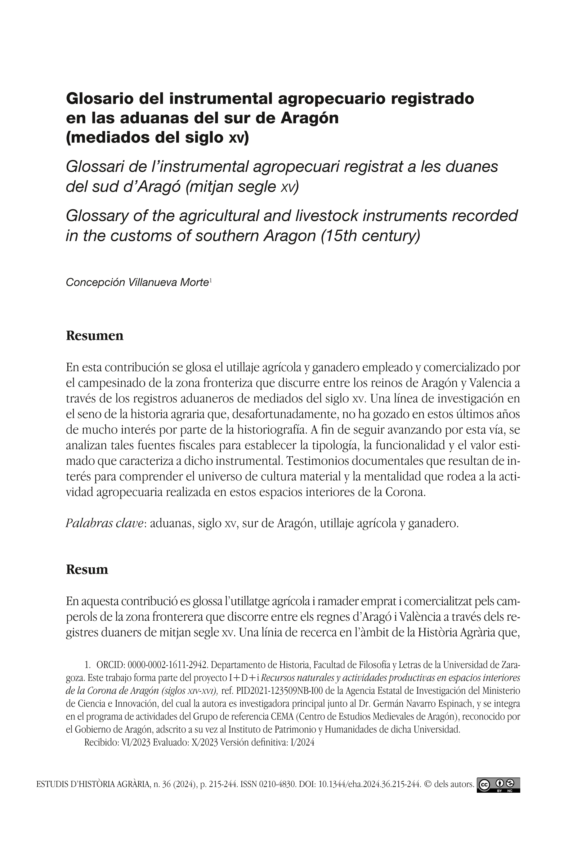 Glosario del instrumental agropecuario registrado en las aduanas del sur de Aragón (mediados del siglo XV)