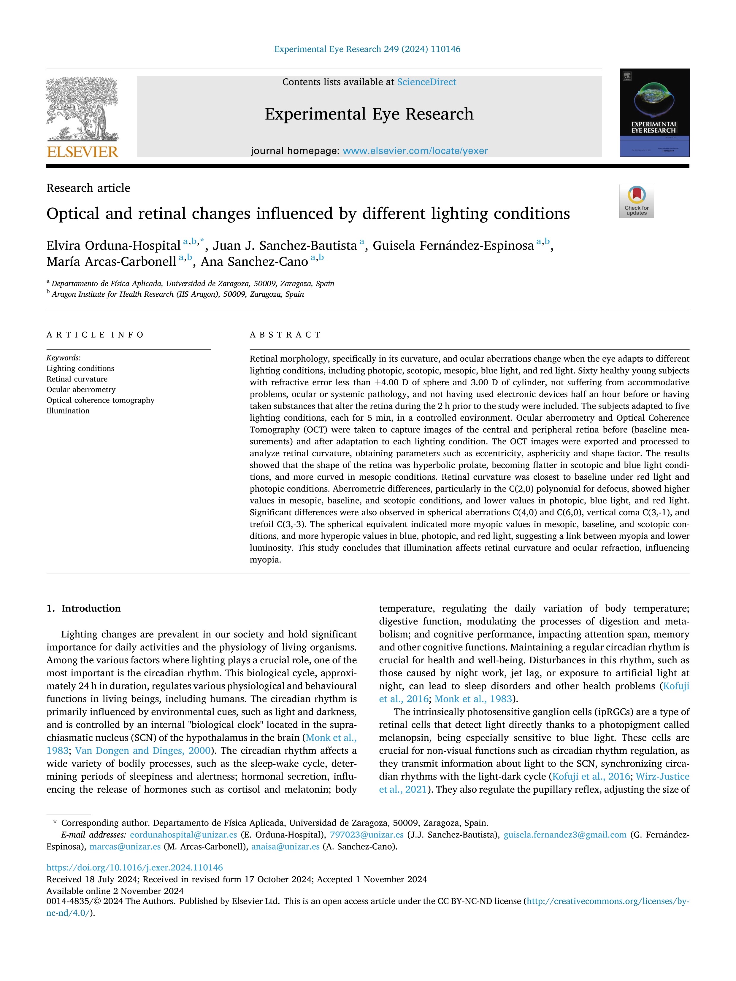 Optical and retinal changes influenced by different lighting conditions