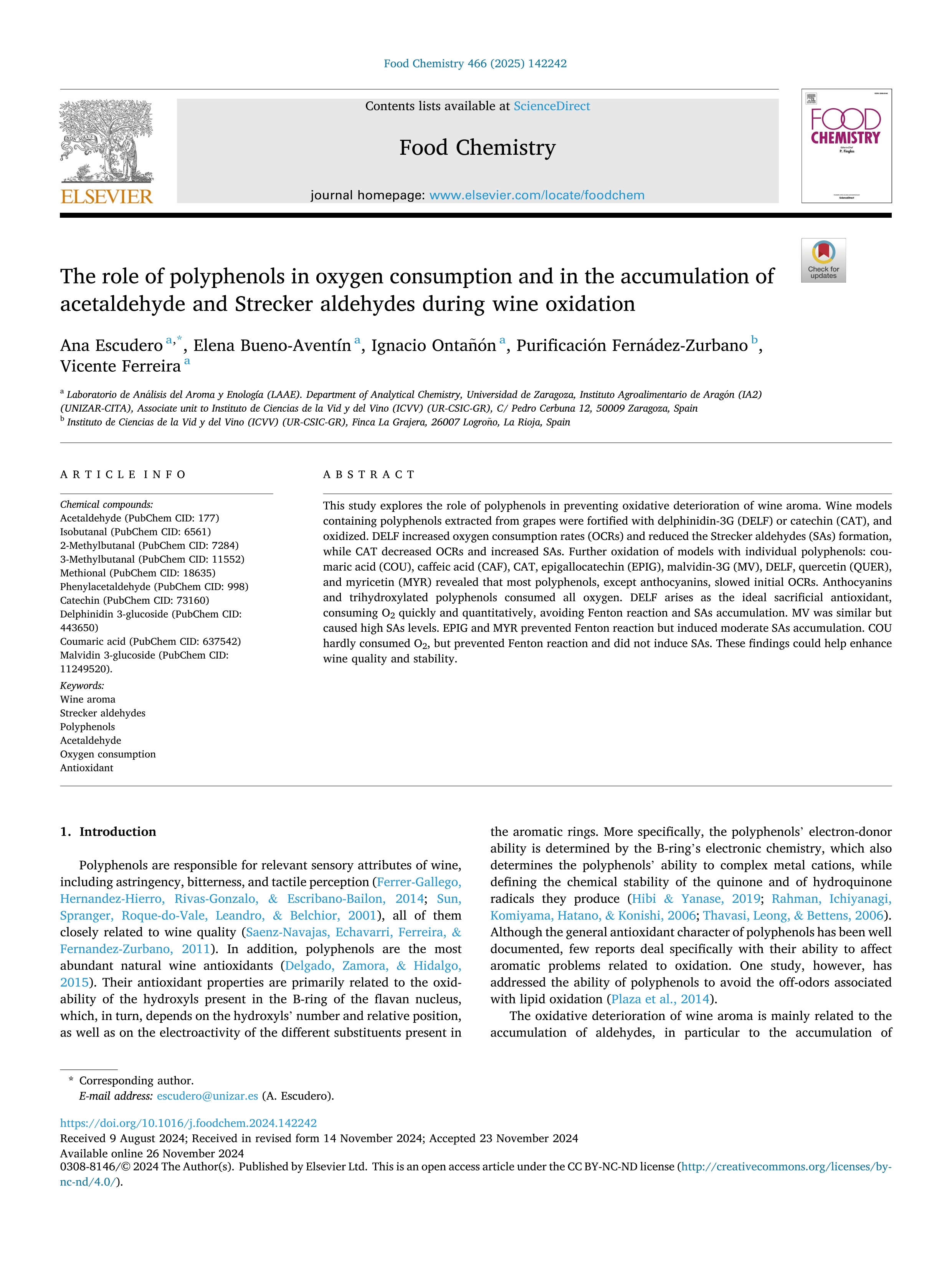 The role of polyphenols in oxygen consumption and in the accumulation of acetaldehyde and Strecker aldehydes during wine oxidation