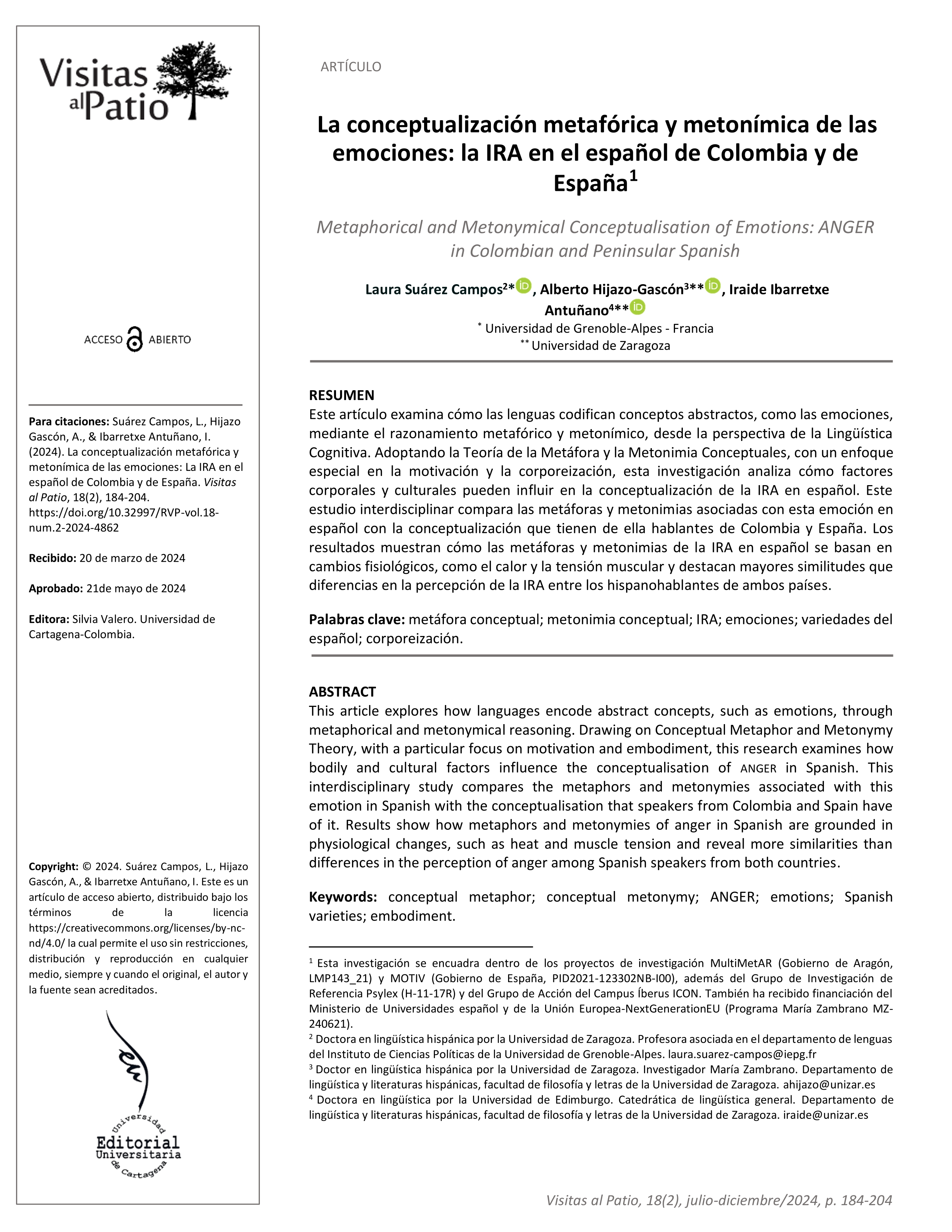 La conceptualización metafórica y metonímica de las emociones: la IRA en el español de Colombia y de España