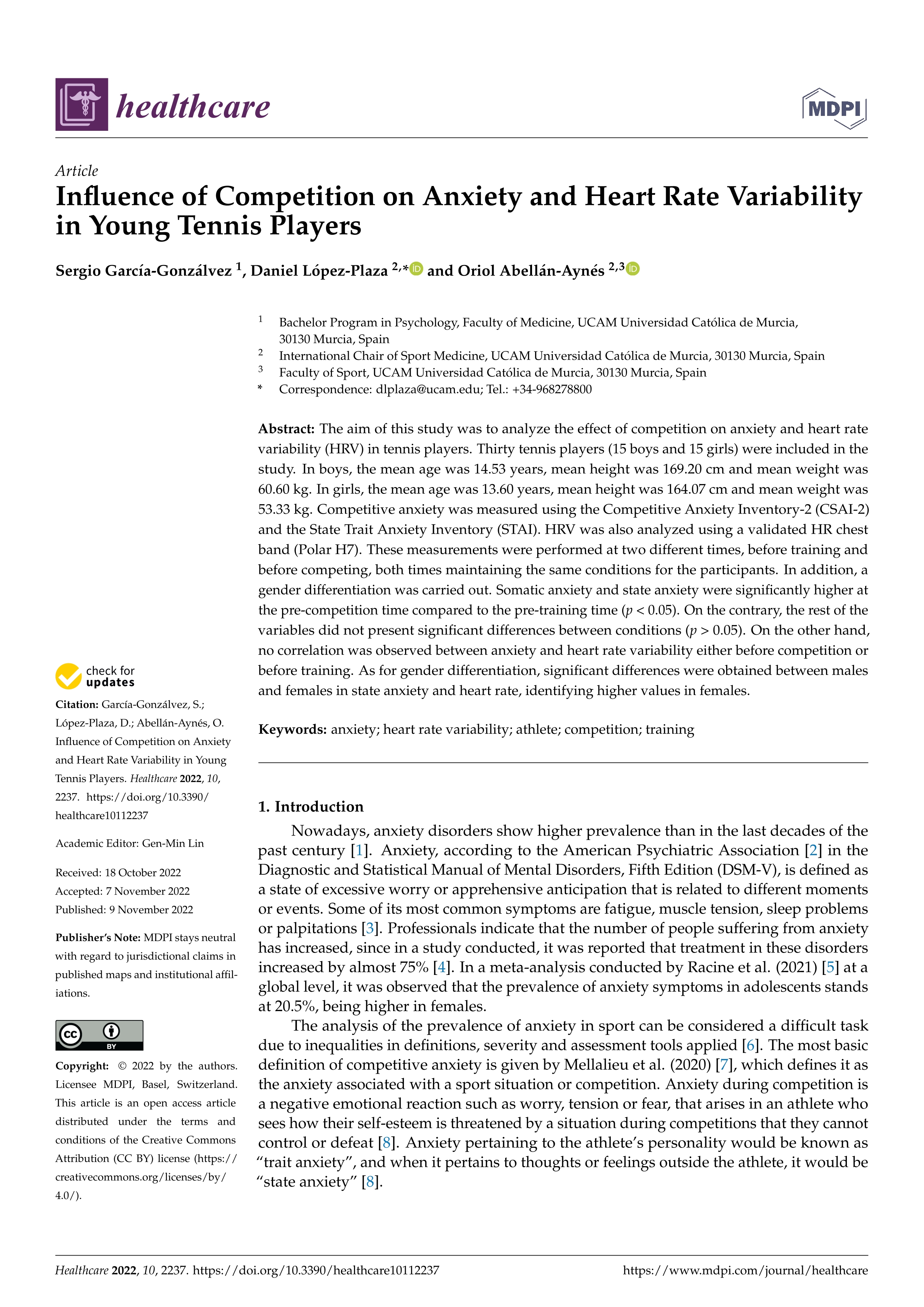 Influence of Competition on Anxiety and Heart Rate Variability in Young Tennis Players