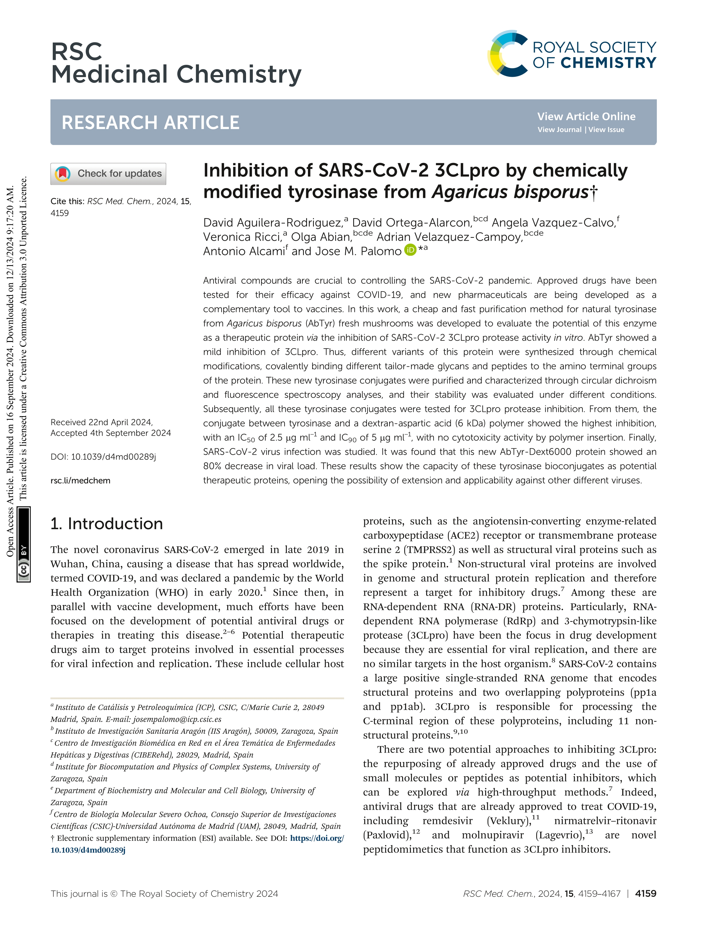 Inhibition of SARS-CoV-2 3CLpro by chemically modified tyrosinase from <i>Agaricus bisporus</i>
