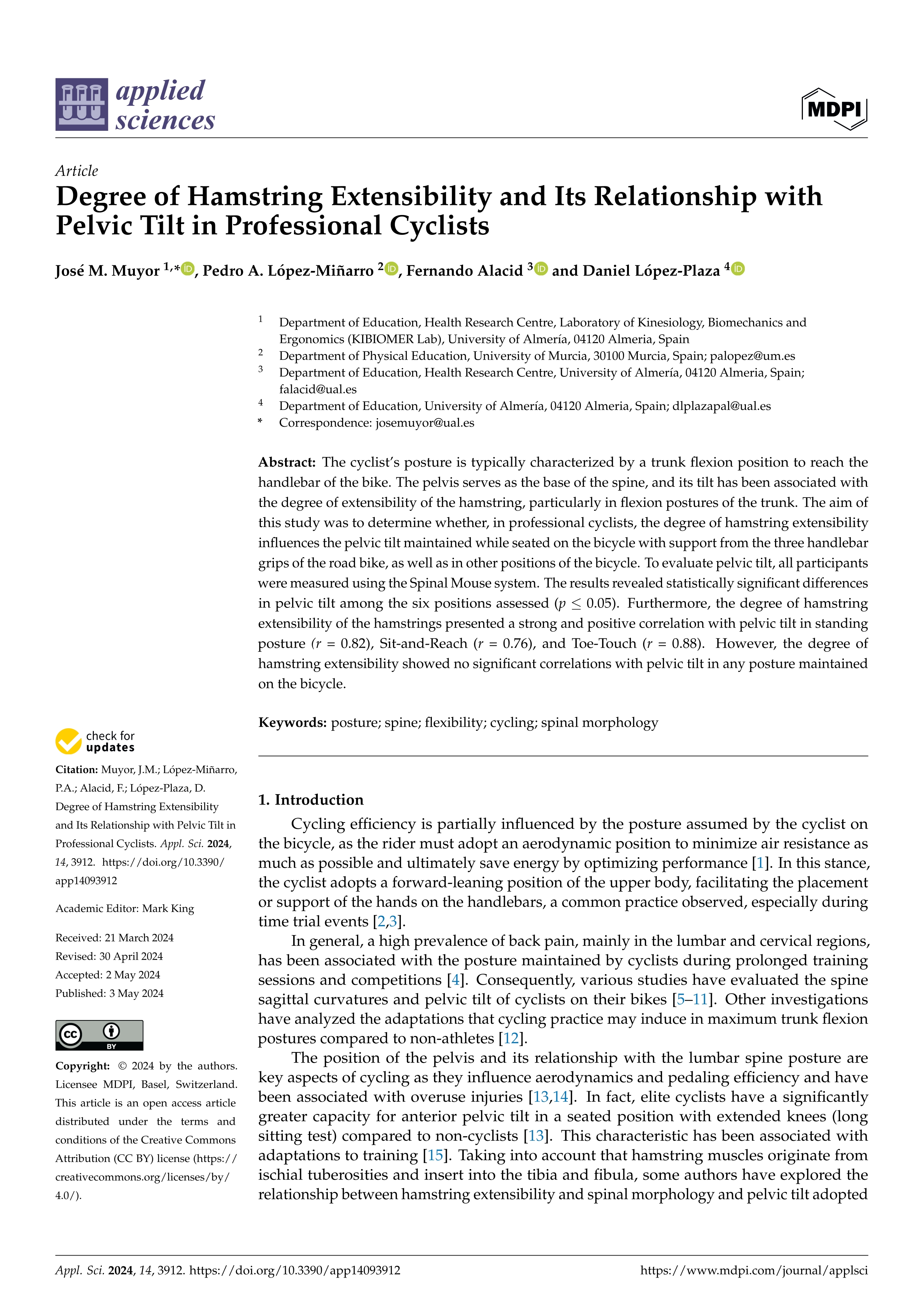 Degree of Hamstring Extensibility and Its Relationship with Pelvic Tilt in Professional Cyclists