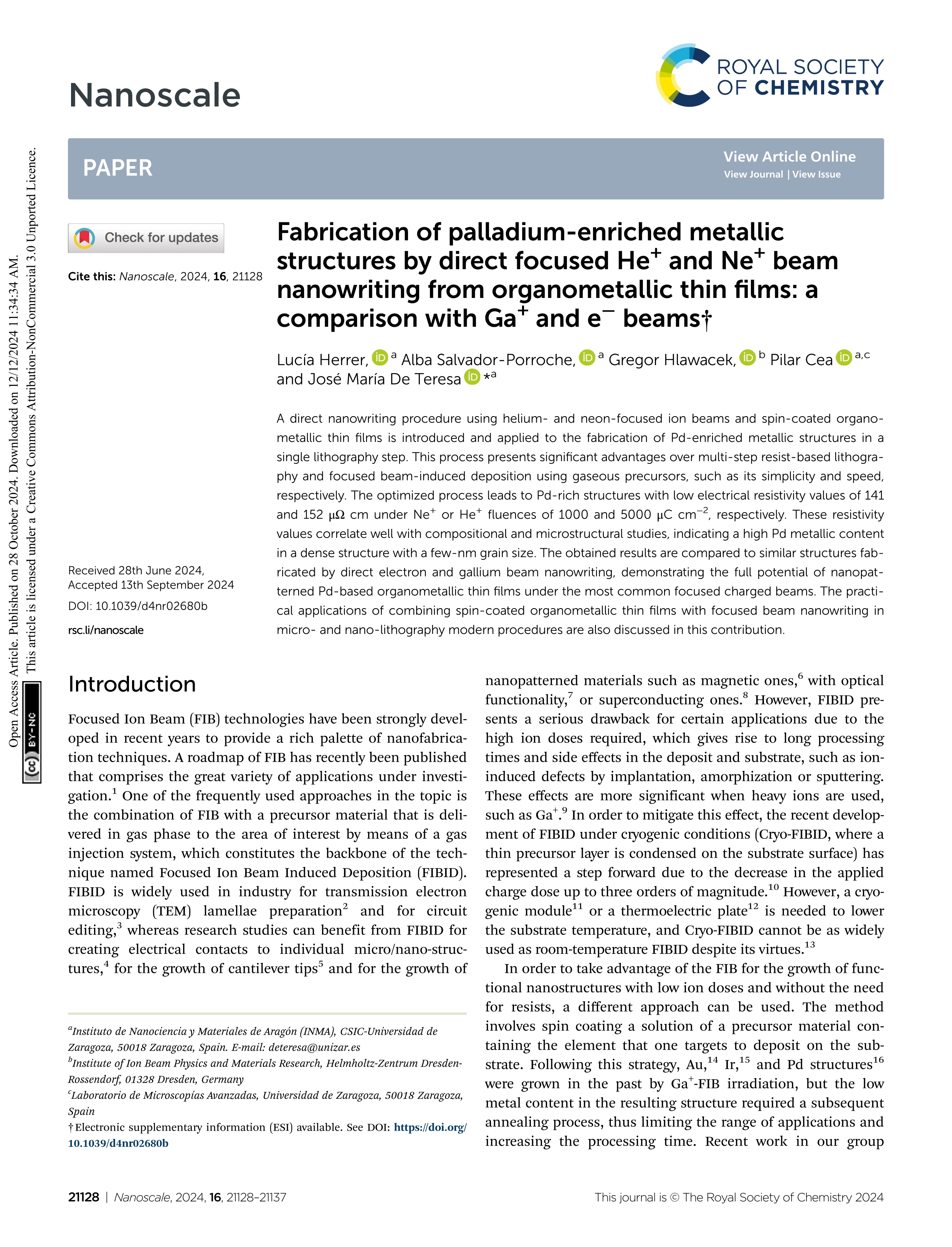 Fabrication of palladium-enriched metallic structures by direct focused He<sup>+</sup> and Ne<sup>+</sup> beam nanowriting from organometallic thin films: a comparison with Ga<sup>+</sup> and e<sup>-</sup> beams