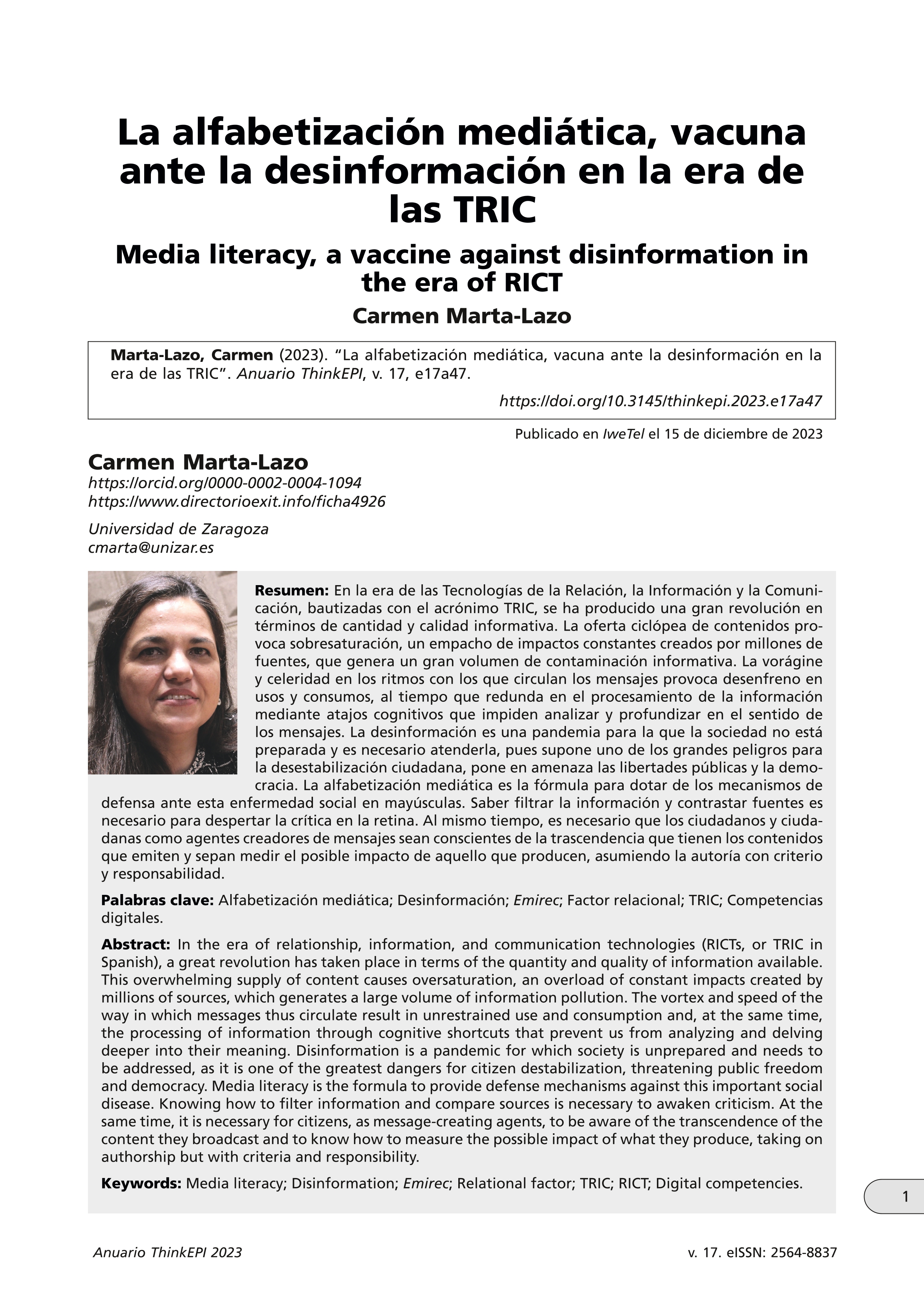 La alfabetización mediática, vacuna ante la desinformación en la era de las TRIC