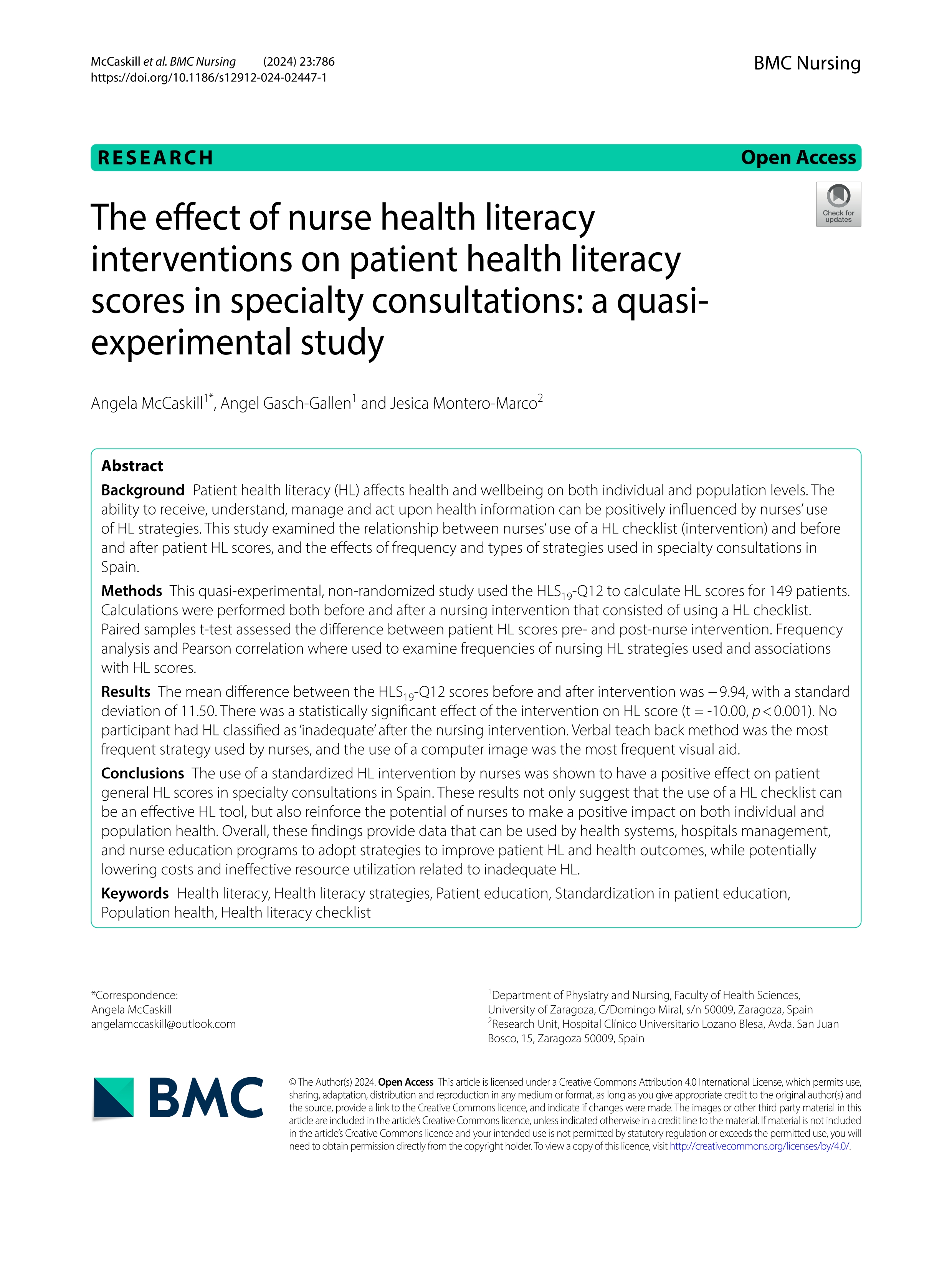 The effect of nurse health literacy interventions on patient health literacy scores in specialty consultations: a quasi-experimental study
